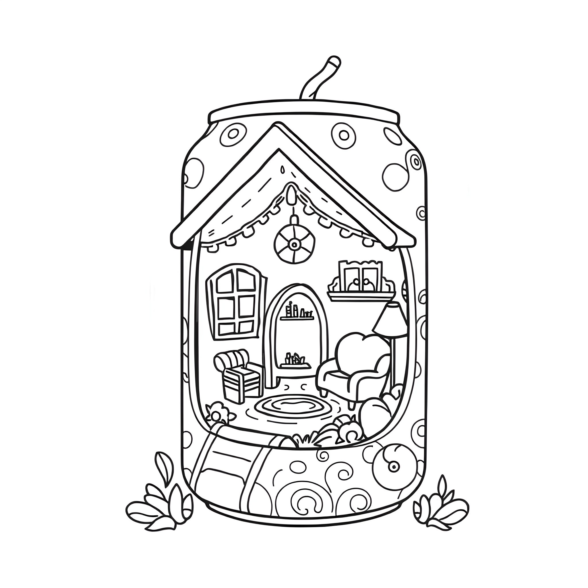 Cozy Tiny House with Whimsical Decor Coloring Page (free black-and-white line drawing printable PDF for all, from beginners to advanced learners, including children, teens, adults, and seniors)