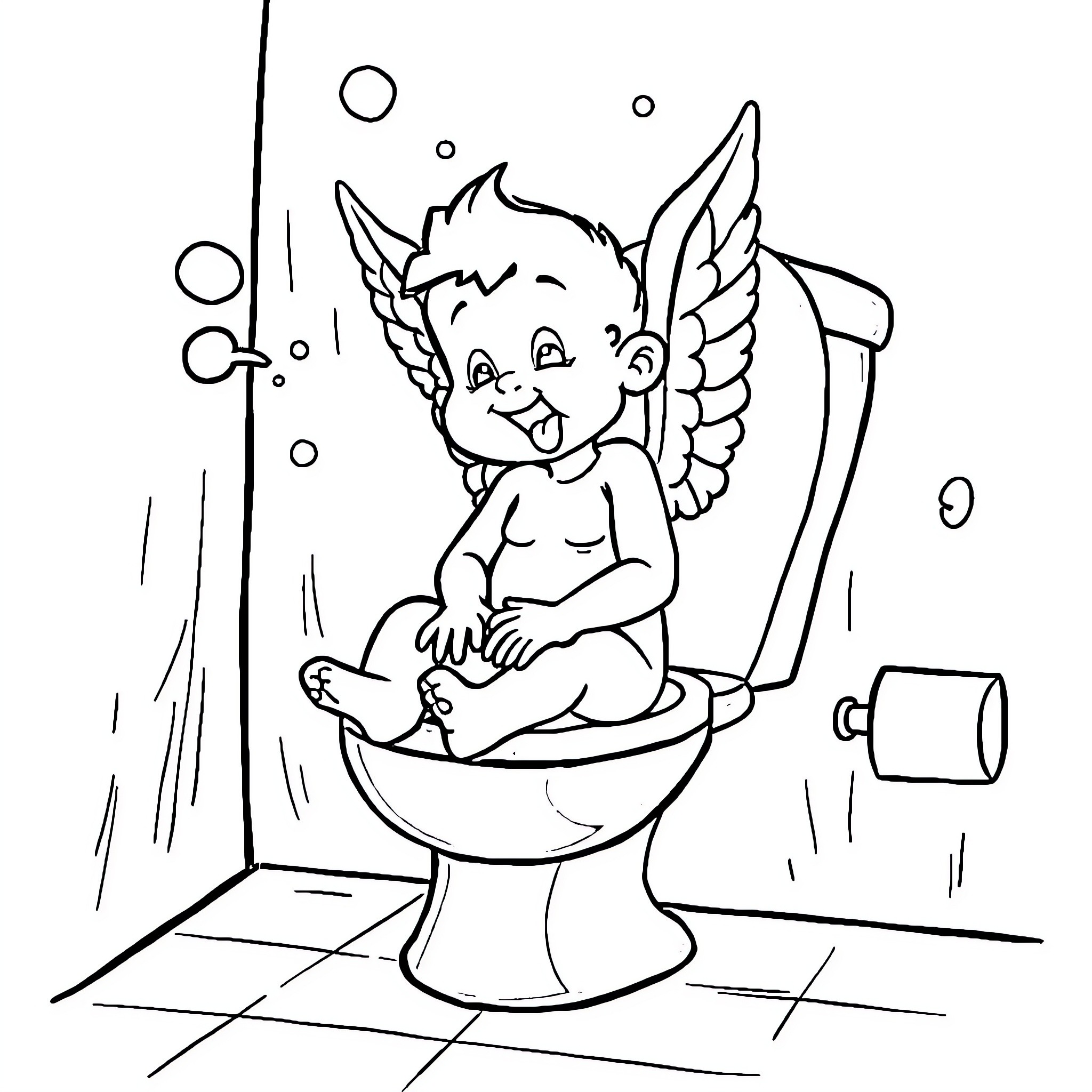Sonny Angel enjoying a playful bathroom scene Coloring Page (free black-and-white line drawing printable PDF for all, from beginners to advanced learners, including children, teens, adults, and seniors)