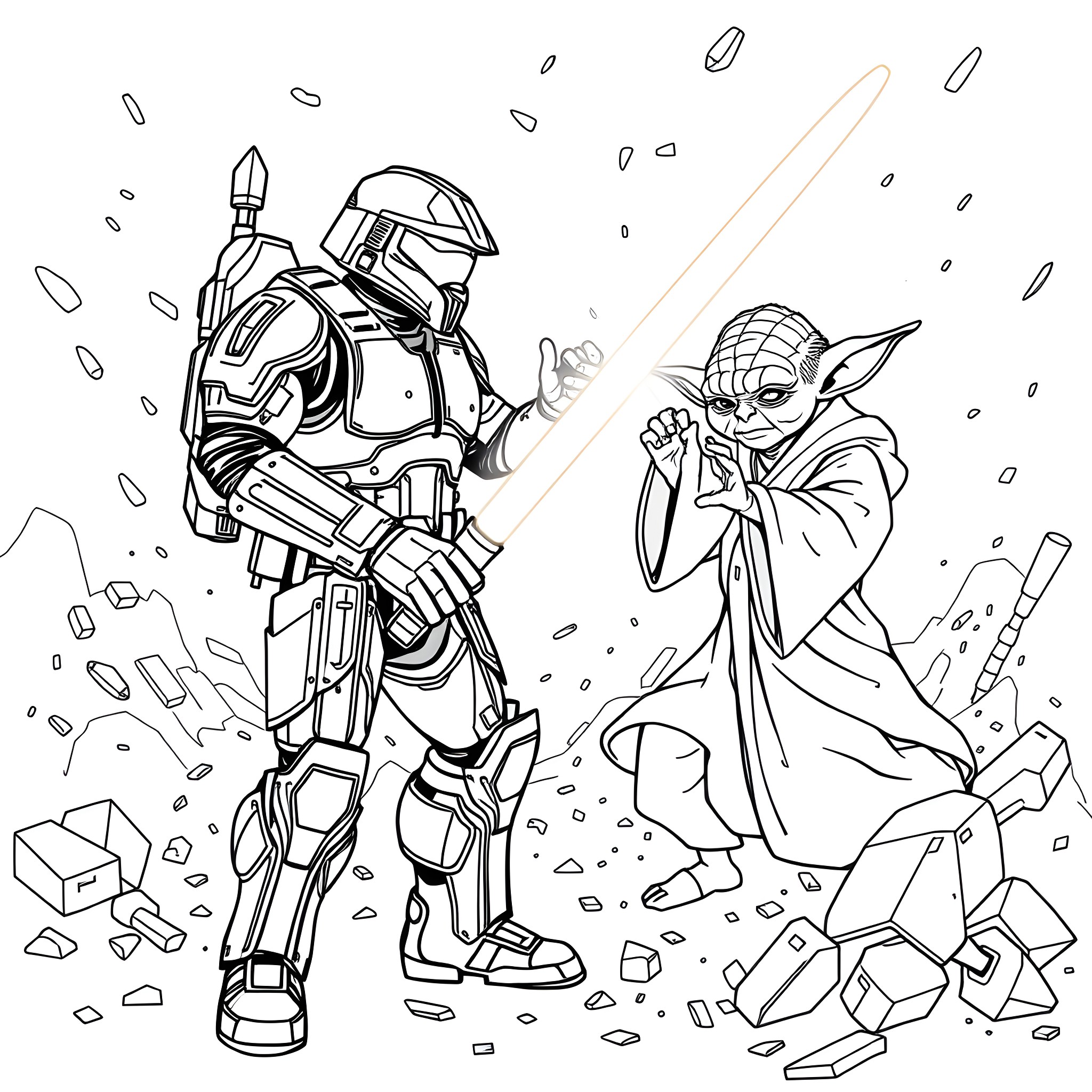 Master Chief and Yoda engage in an intense battle Coloring Page (free black-and-white line drawing printable PDF for all, from beginners to advanced learners, including children, teens, adults, and seniors)