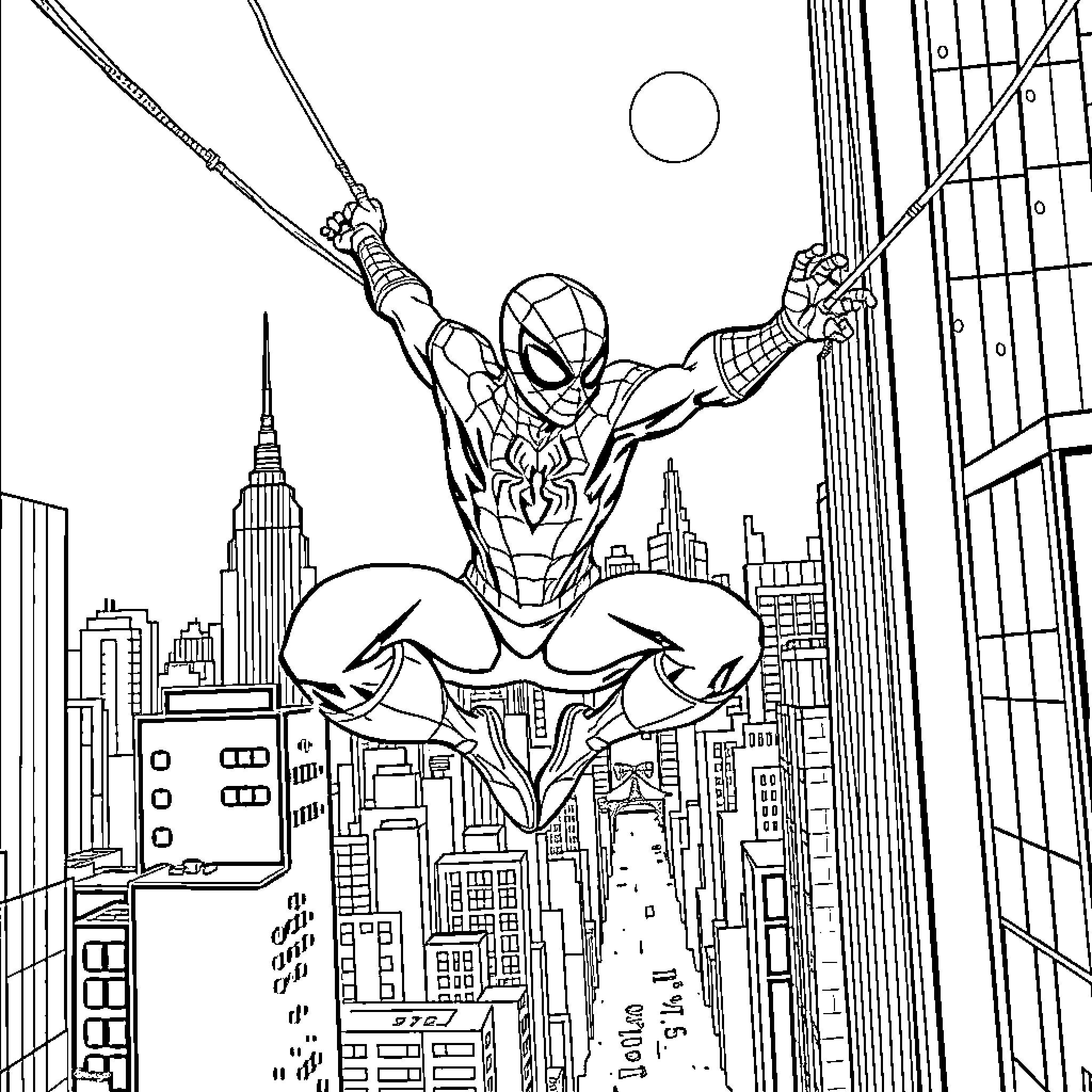 Spiderman swinging above the city skyline Coloring Page (free black-and-white line drawing printable PDF for all, from beginners to advanced learners, including children, teens, adults, and seniors)