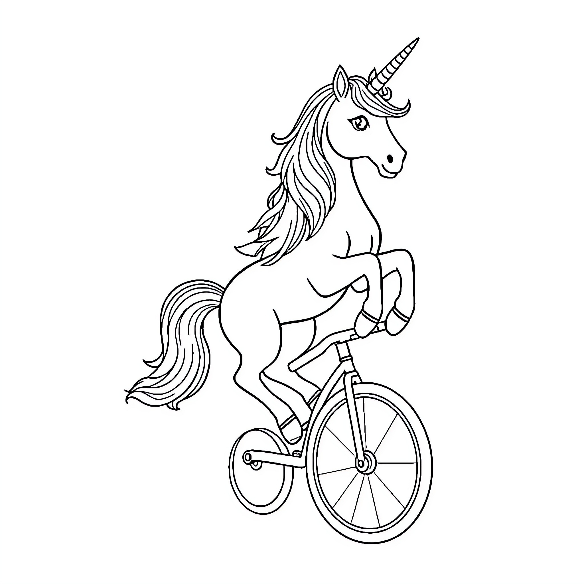 Unicorn riding a bicycle with grace Coloring Page (free black-and-white line drawing printable PDF for all, from beginners to advanced learners, including children, teens, adults, and seniors)