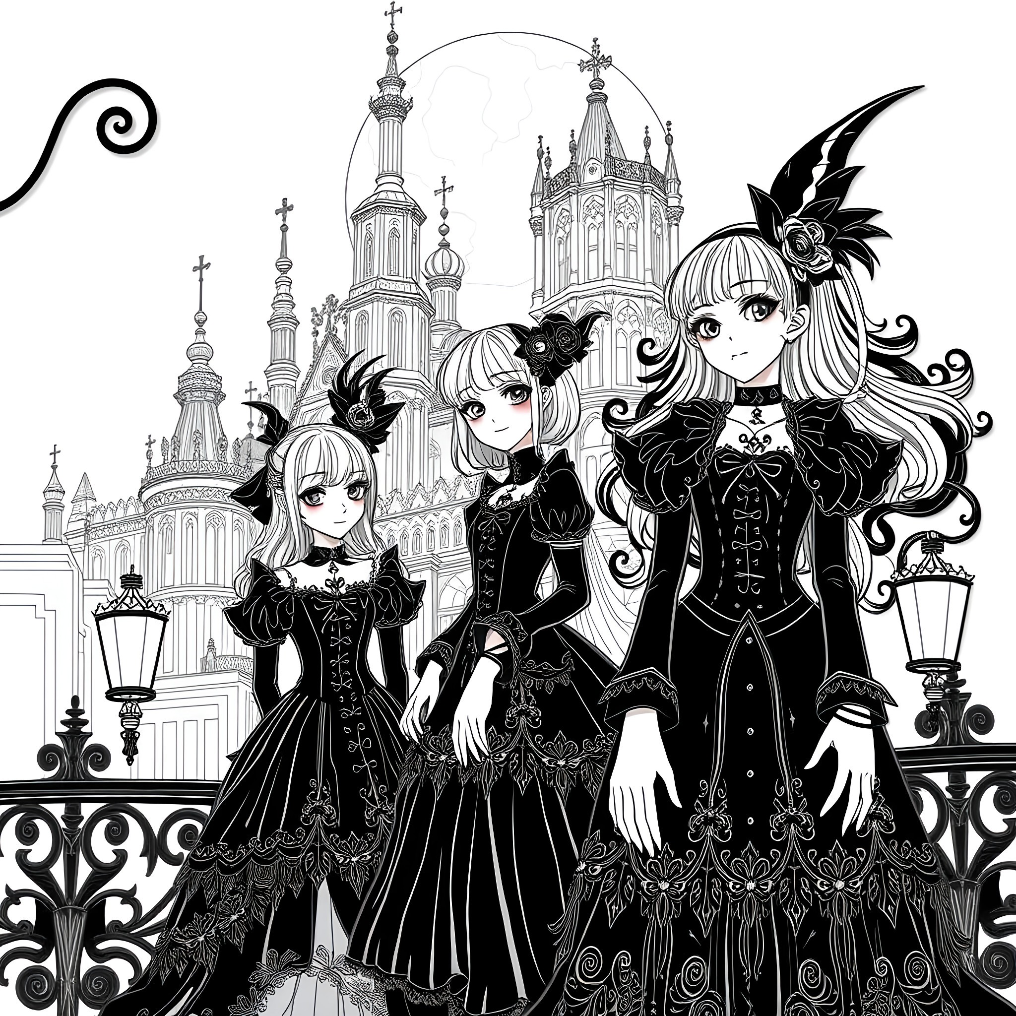 Gothic Girls in Enchanting Attire at a Baroque Palace Coloring Page (free black-and-white line drawing printable PDF for all, from beginners to advanced learners, including children, teens, adults, and seniors)