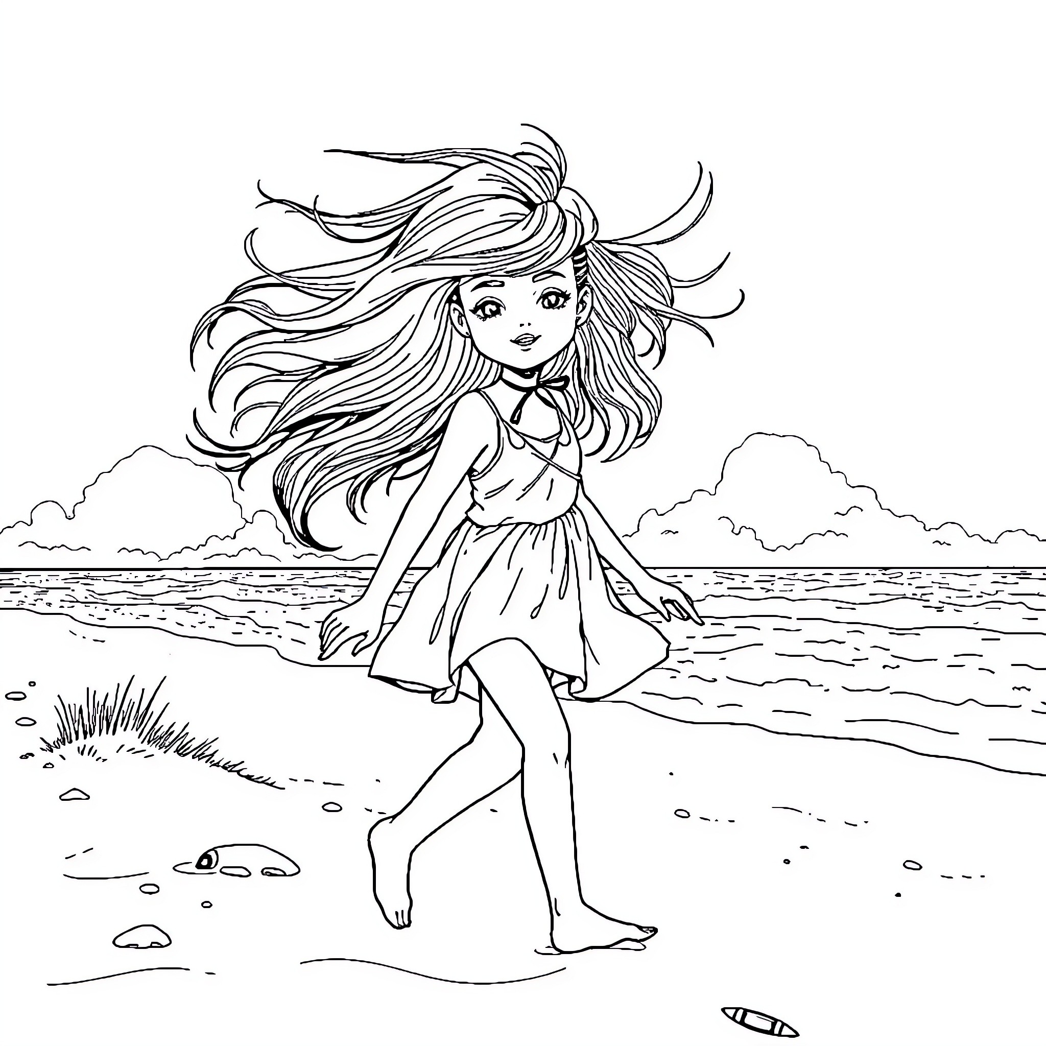 Fille playing carefree on the beach Coloring Page (free black-and-white line drawing printable PDF for all, from beginners to advanced learners, including children, teens, adults, and seniors)