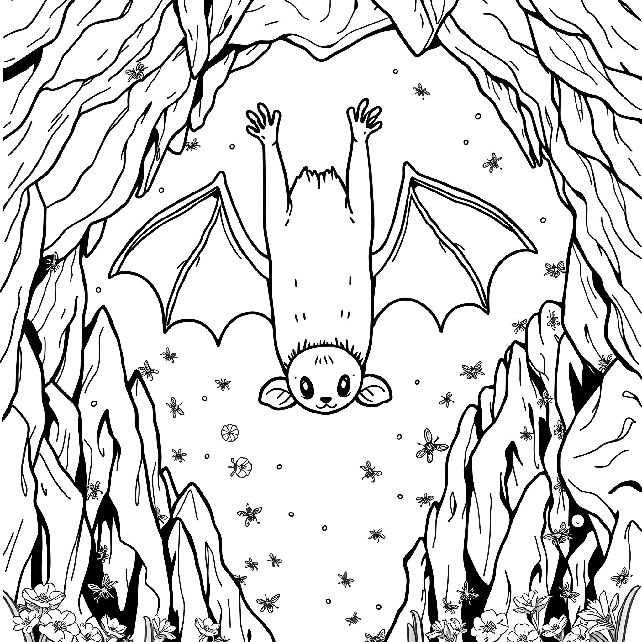 Bat Among the Caves and Critters Coloring Page (free black-and-white line drawing printable PDF for all, from beginners to advanced learners, including children, teens, adults, and seniors)