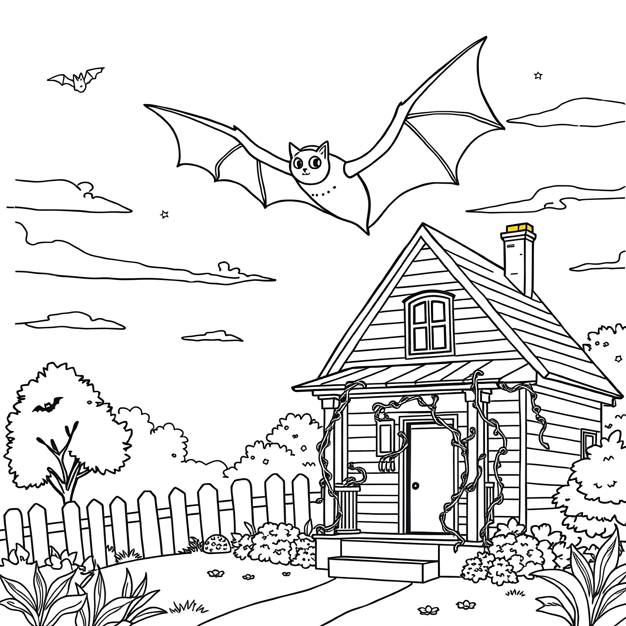 Bat flying near the old wooden house in the countryside Coloring Page (free black-and-white line drawing printable PDF for all, from beginners to advanced learners, including children, teens, adults, and seniors)
