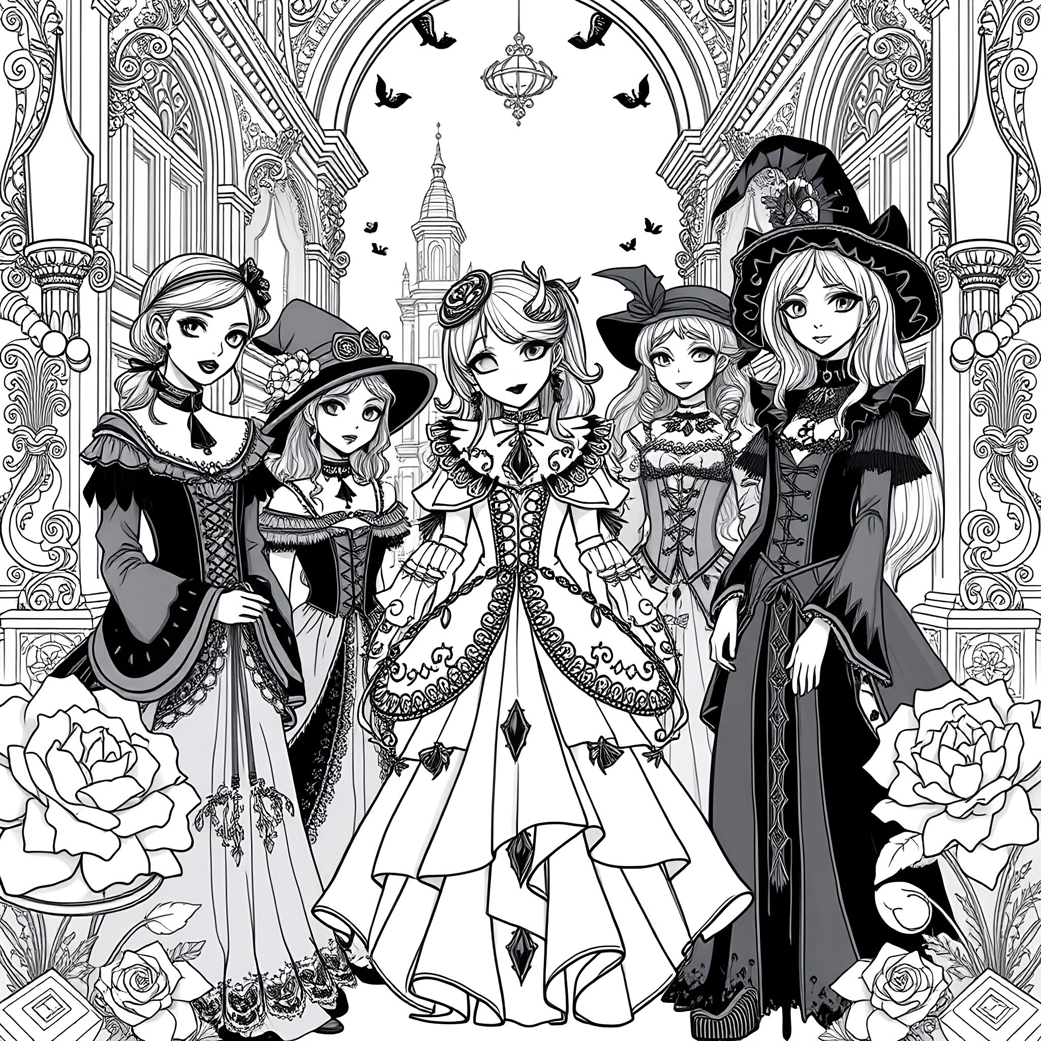 Gothic Girls in Elaborate Costumes and Poses Coloring Page (free black-and-white line drawing printable PDF for all, from beginners to advanced learners, including children, teens, adults, and seniors)