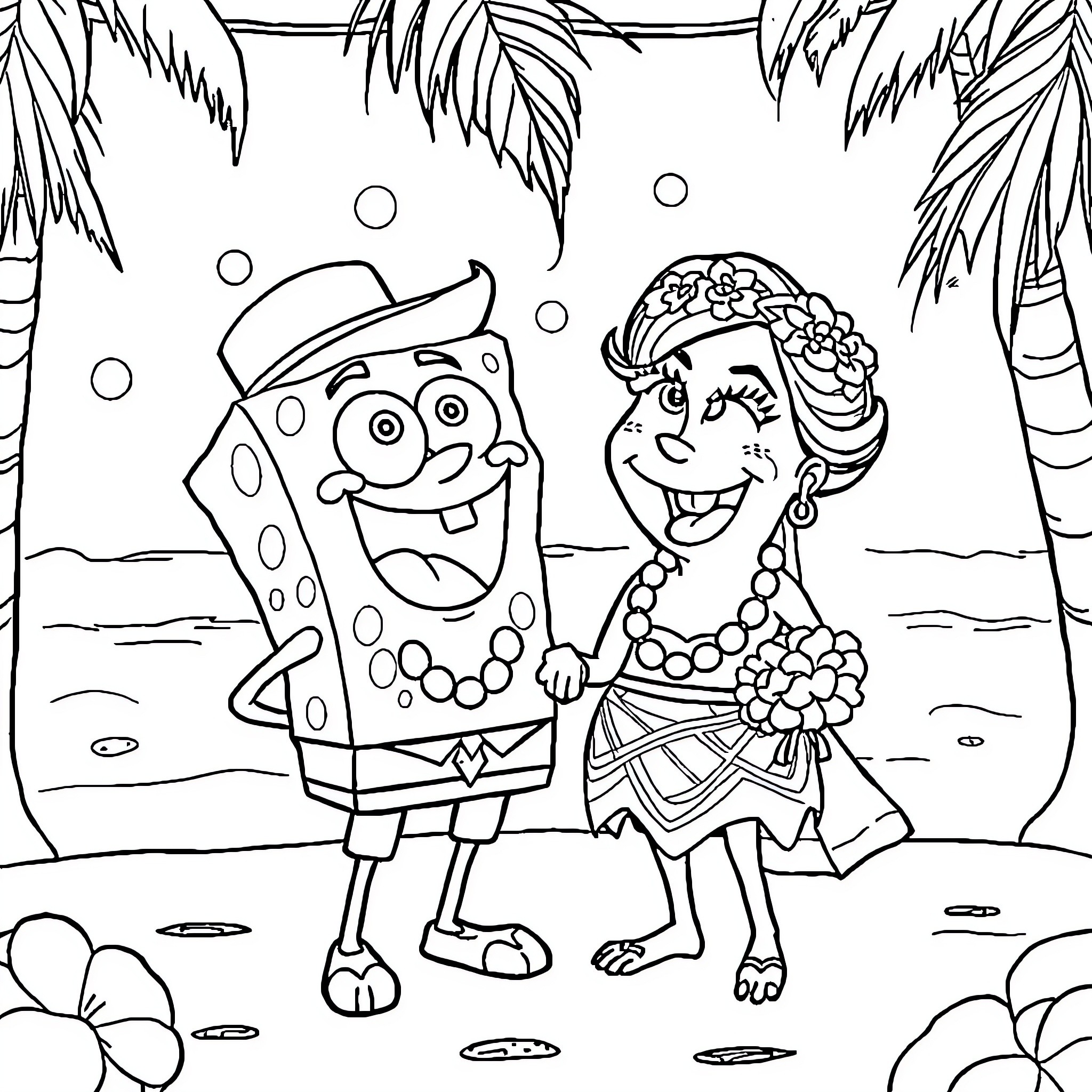 Bob esponja and a woman on the beach Coloring Page (free black-and-white line drawing printable PDF for all, from beginners to advanced learners, including children, teens, adults, and seniors)