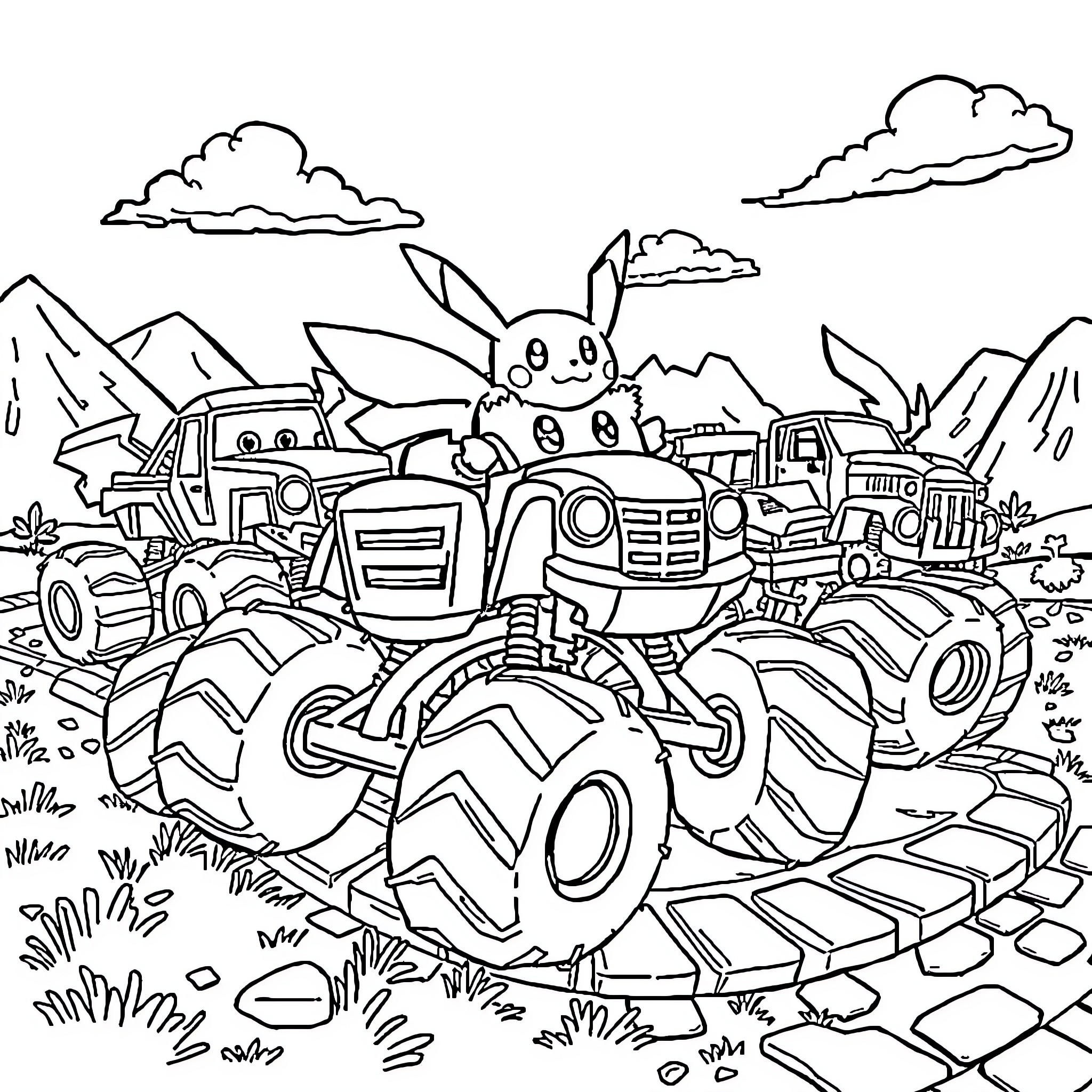 Pokémon Characters Exploring Rugged Terrain Coloring Page (free black-and-white line drawing printable PDF for all, from beginners to advanced learners, including children, teens, adults, and seniors)