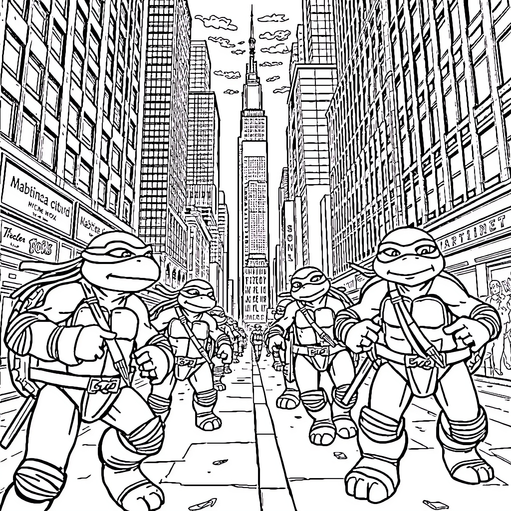 Teenage Mutant Ninja Turtles exploring the bustling city streets Coloring Page (free black-and-white line drawing printable PDF for all, from beginners to advanced learners, including children, teens, adults, and seniors)
