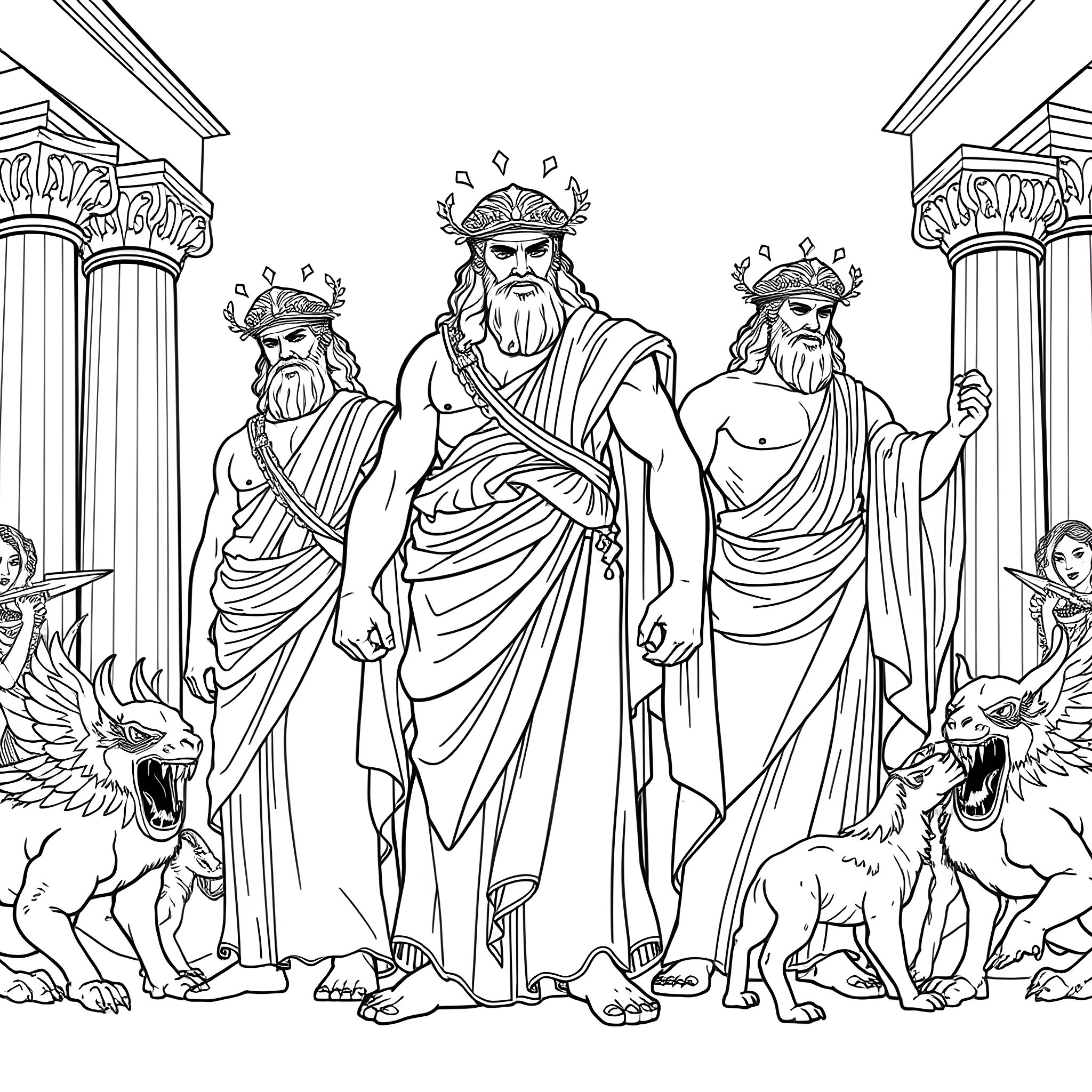 Greek Gods of Olympus in Ceremonial Attire Coloring Page (free black-and-white line drawing printable PDF for all, from beginners to advanced learners, including children, teens, adults, and seniors)