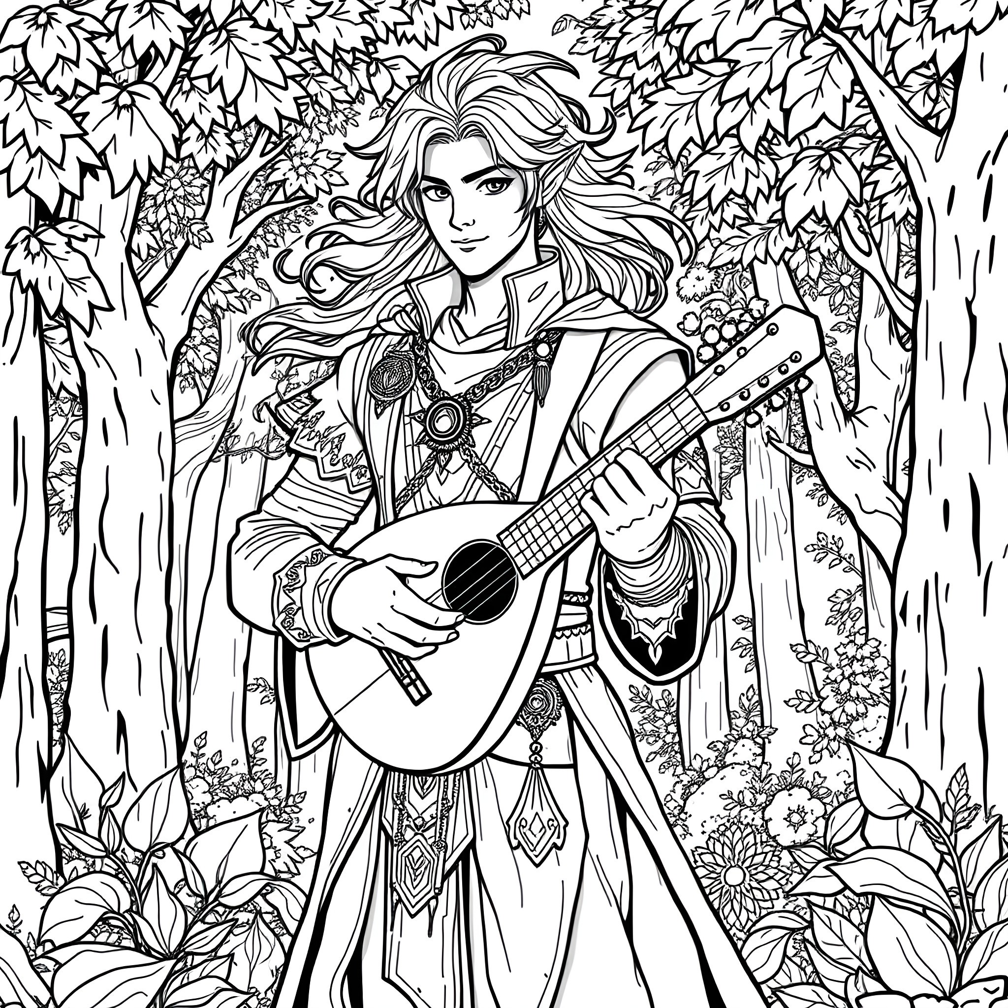 Handsome Half-Elf Bard Serenades the Forest Coloring Page (free black-and-white line drawing printable PDF for all, from beginners to advanced learners, including children, teens, adults, and seniors)