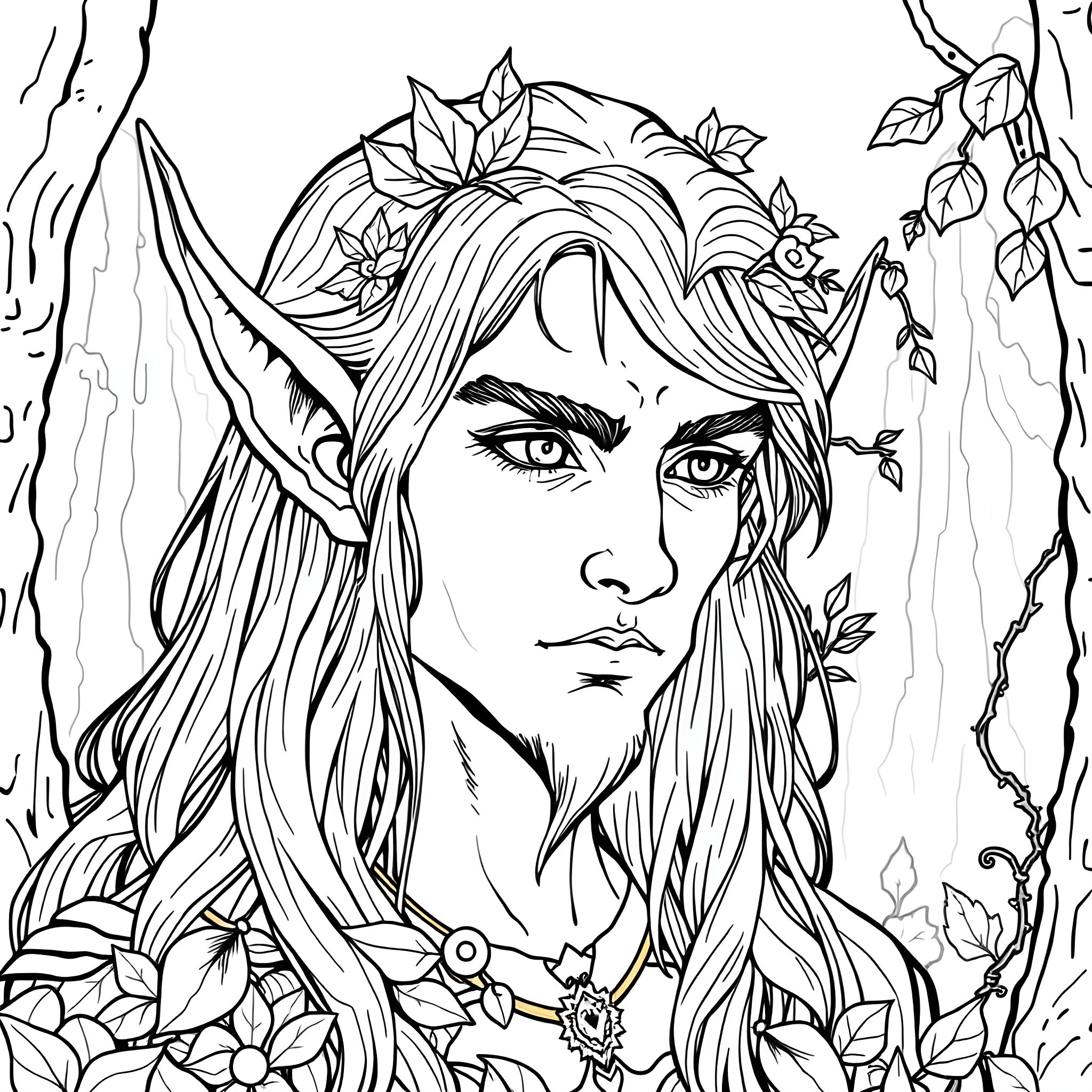 Elf Man Portrait with Leafy Adornments Coloring Page (free black-and-white line drawing printable PDF for all, from beginners to advanced learners, including children, teens, adults, and seniors)