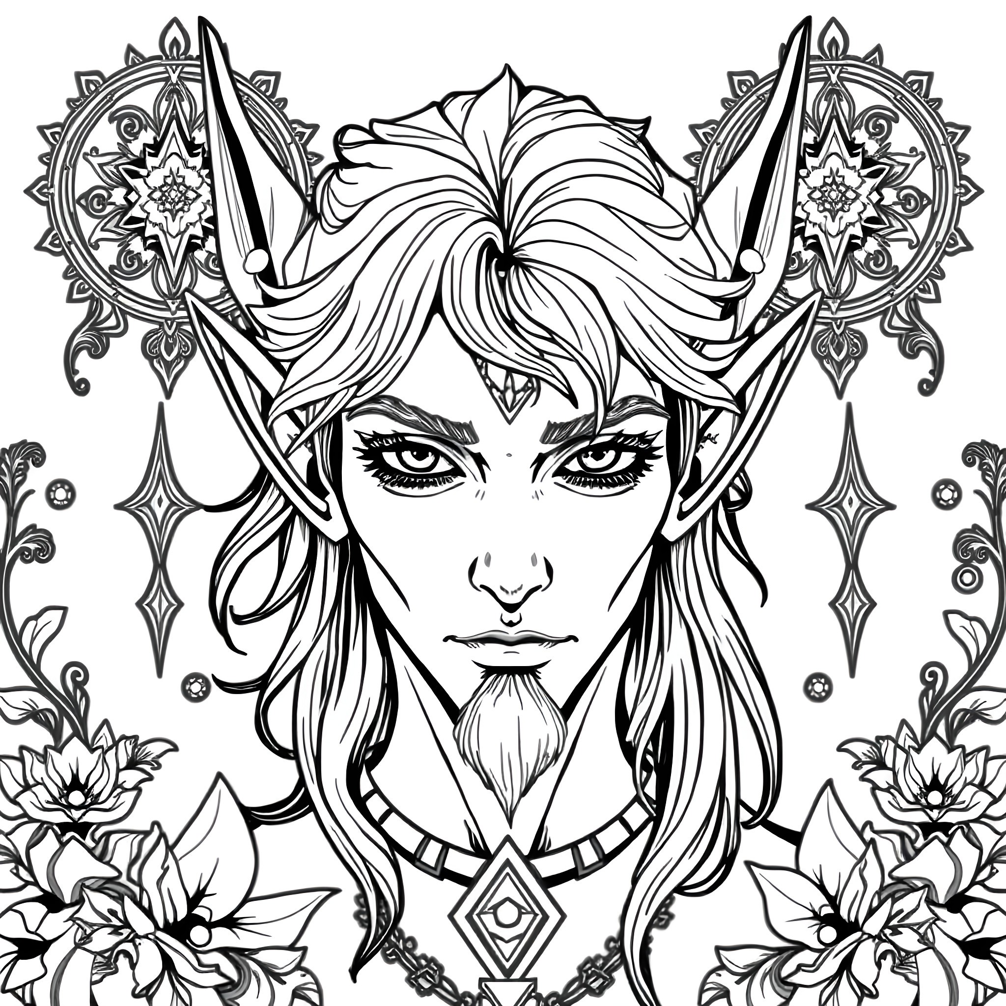 Elf Man Depicted in Intricate Floral and Ornamental Design Coloring Page (free black-and-white line drawing printable PDF for all, from beginners to advanced learners, including children, teens, adults, and seniors)
