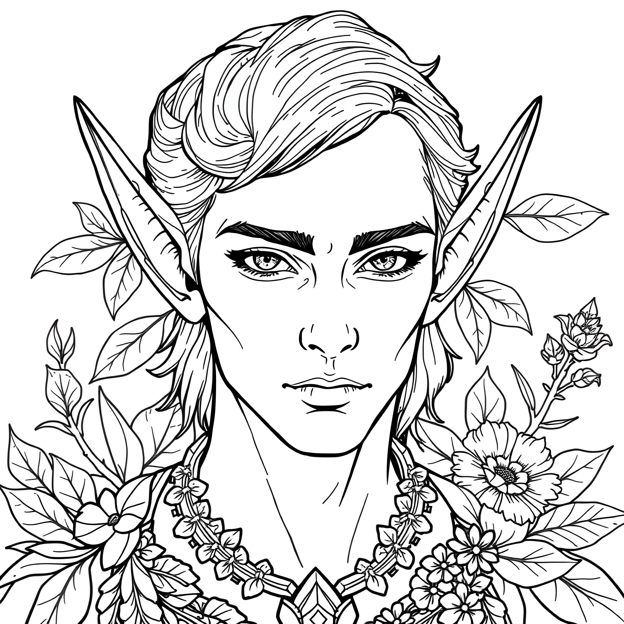 Elf Man Portrait with Floral Wreath and Pointed Ears Coloring Page (free black-and-white line drawing printable PDF for all, from beginners to advanced learners, including children, teens, adults, and seniors)