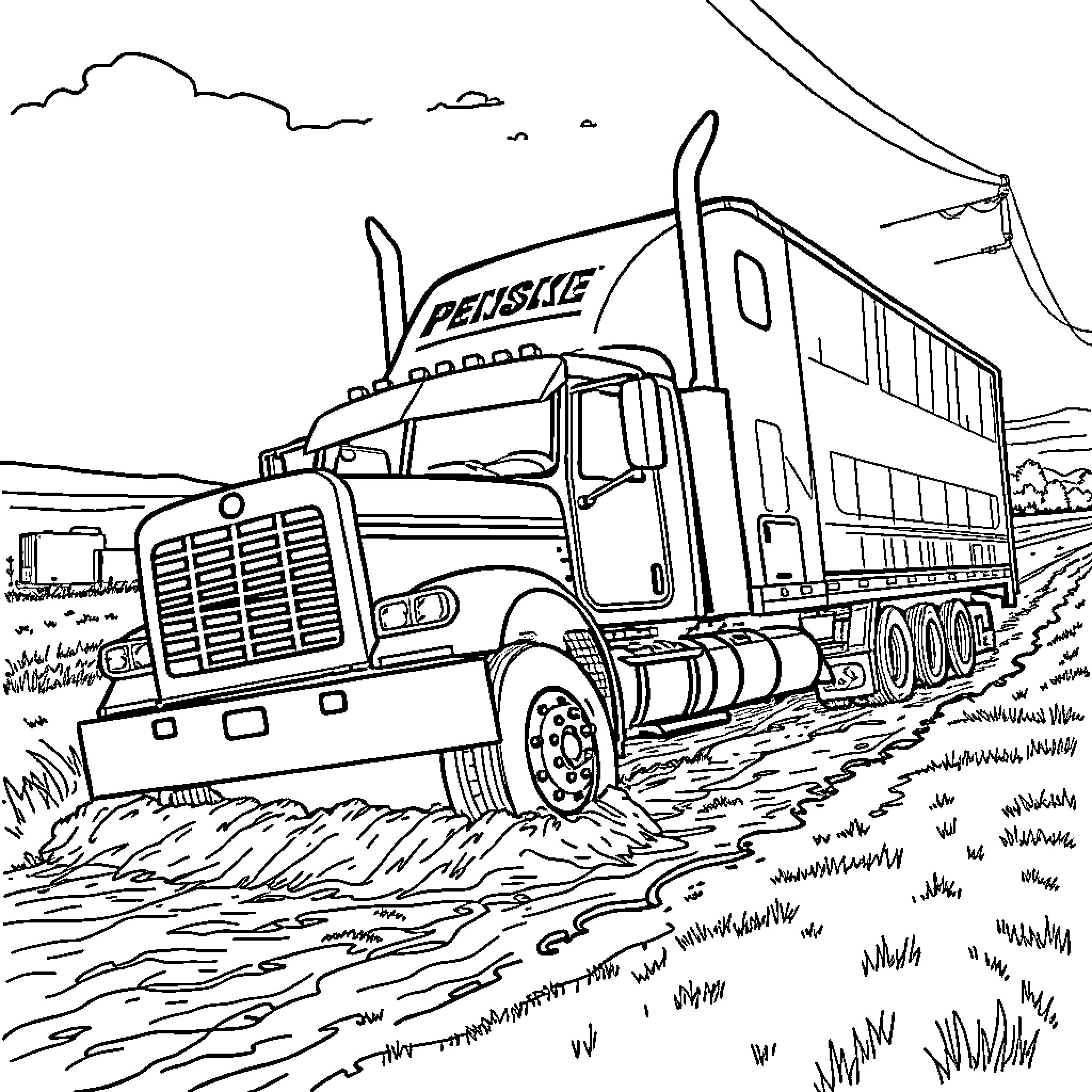 Truck Hauling Cargo on a Country Road Coloring Page (free black-and-white line drawing printable PDF for all, from beginners to advanced learners, including children, teens, adults, and seniors)