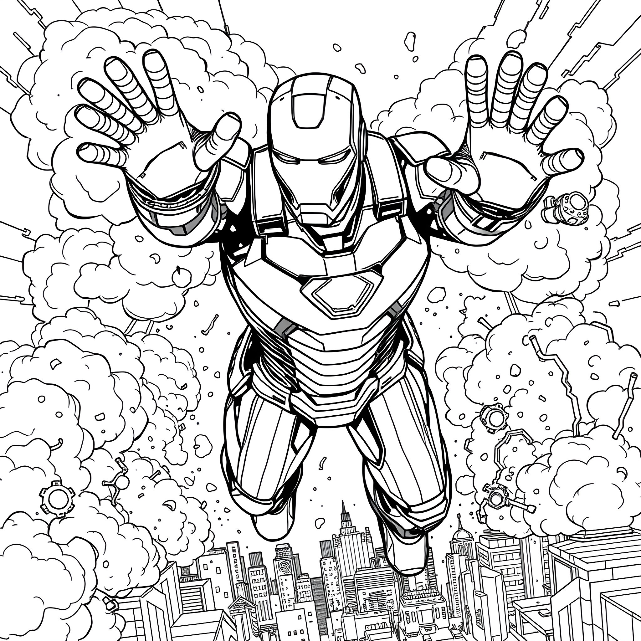 Iron Man Soaring through the Skies with Powerful Might Coloring Page (free black-and-white line drawing printable PDF for all, from beginners to advanced learners, including children, teens, adults, and seniors)