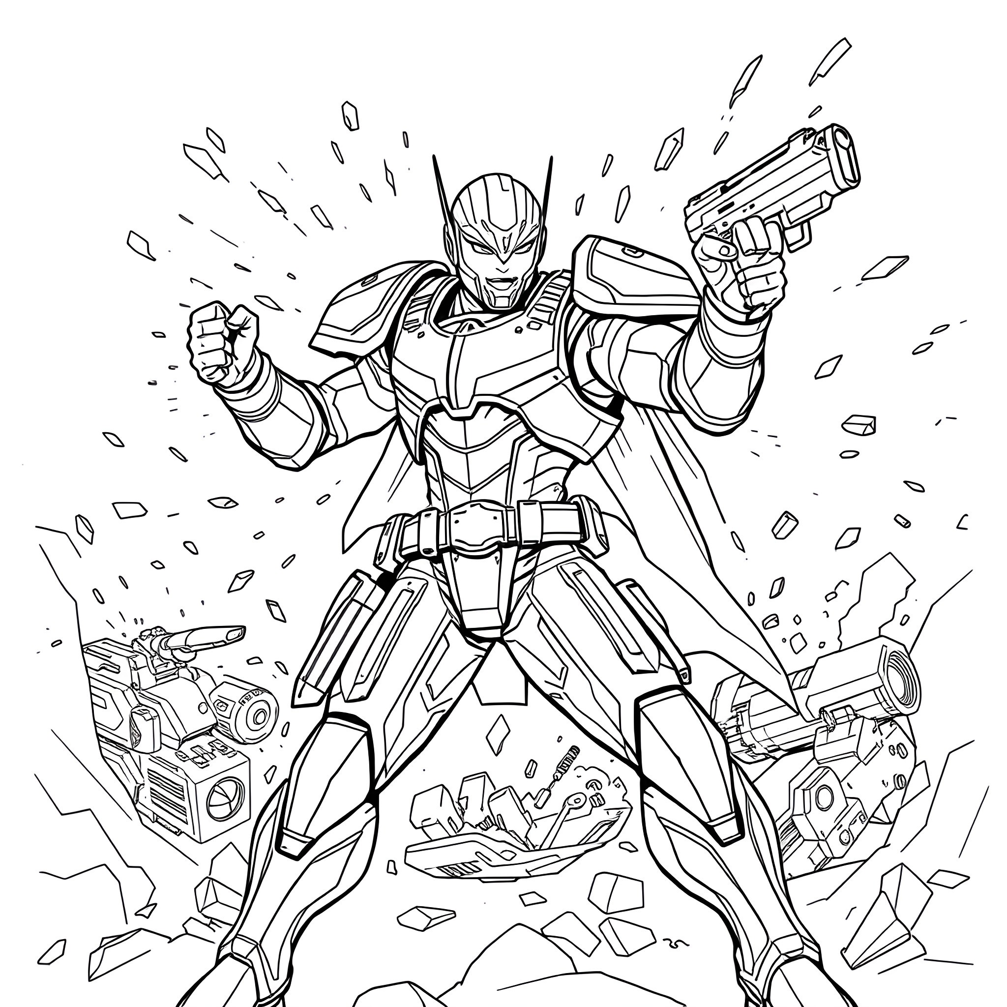 Iron Man in Action, Blasting Through Debris Coloring Page (free black-and-white line drawing printable PDF for all, from beginners to advanced learners, including children, teens, adults, and seniors)