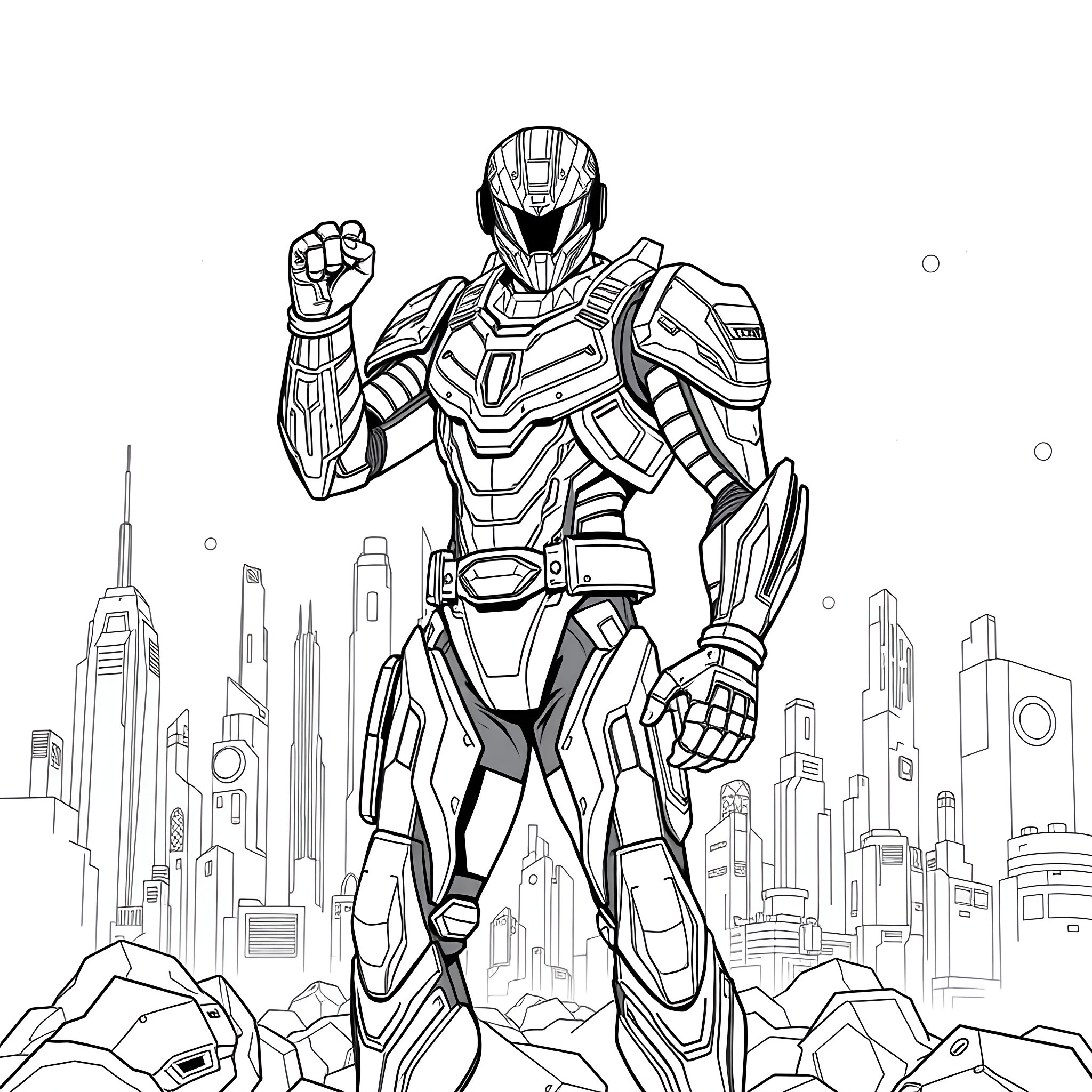 Iron Man standing heroically in front of a futuristic city Coloring Page (free black-and-white line drawing printable PDF for all, from beginners to advanced learners, including children, teens, adults, and seniors)
