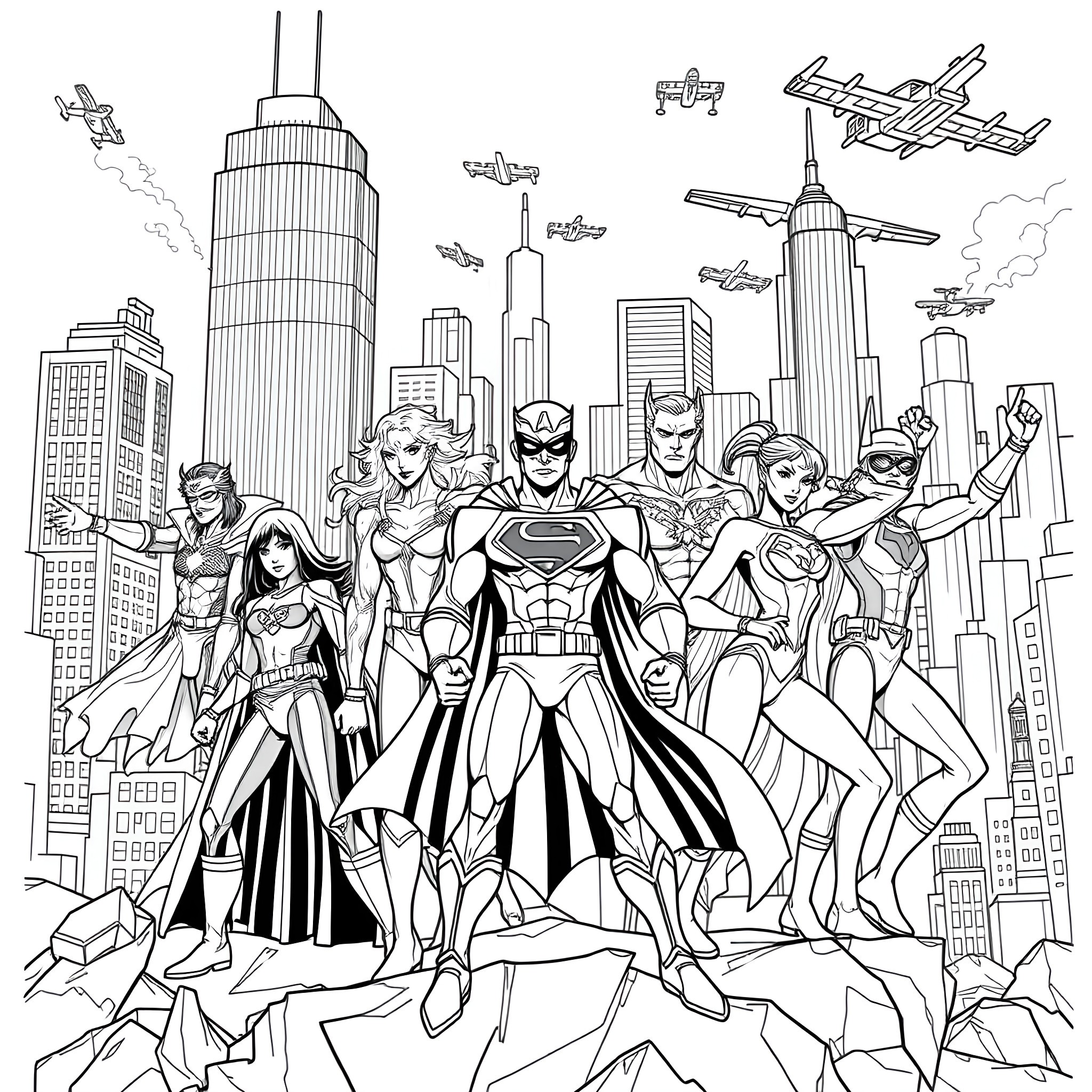 Super Heroes Assembling in the City Coloring Page (free black-and-white line drawing printable PDF for all, from beginners to advanced learners, including children, teens, adults, and seniors)