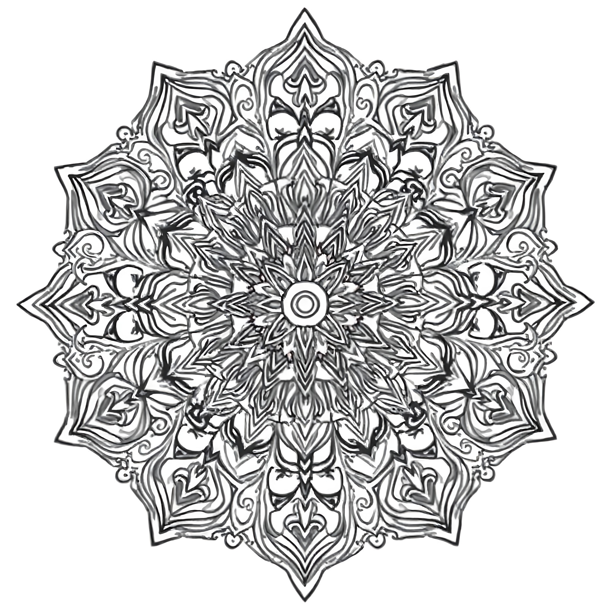 Intricate Mandala of Ornate Floral Patterns Coloring Page (free black-and-white line drawing printable PDF for all, from beginners to advanced learners, including children, teens, adults, and seniors)