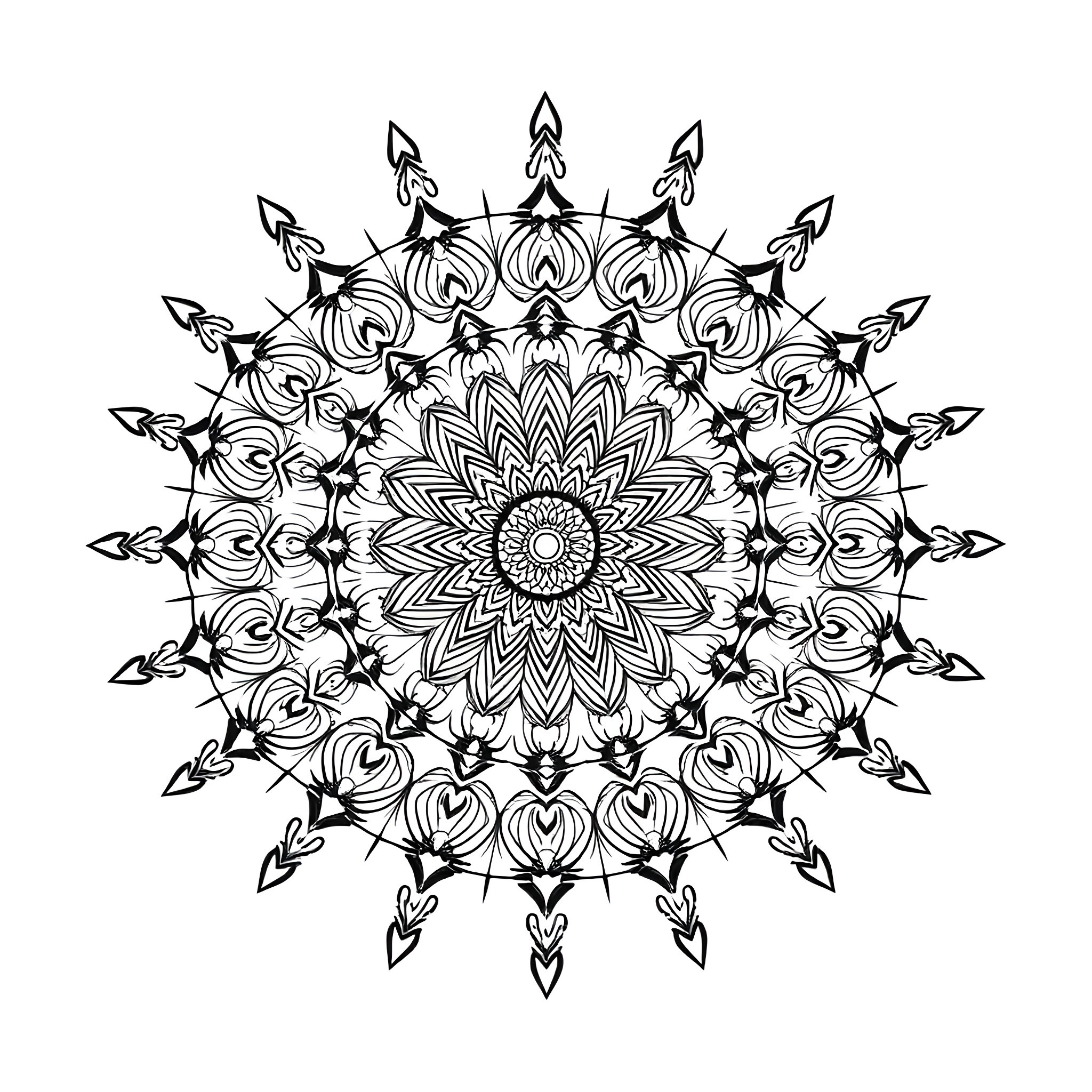 Mandala with Intricate Floral Patterns Coloring Page (free black-and-white line drawing printable PDF for all, from beginners to advanced learners, including children, teens, adults, and seniors)