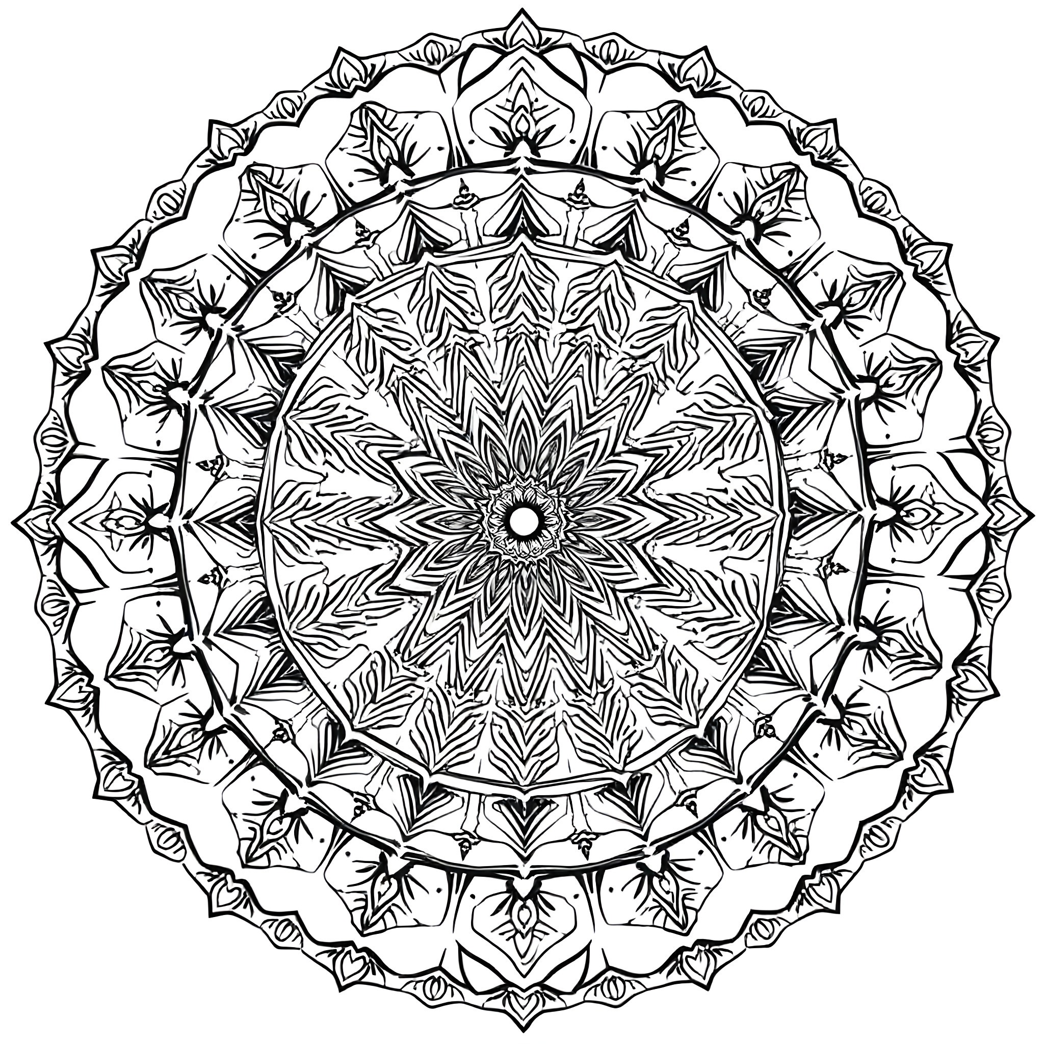 Mandala with intricate symmetrical patterns Coloring Page (free black-and-white line drawing printable PDF for all, from beginners to advanced learners, including children, teens, adults, and seniors)