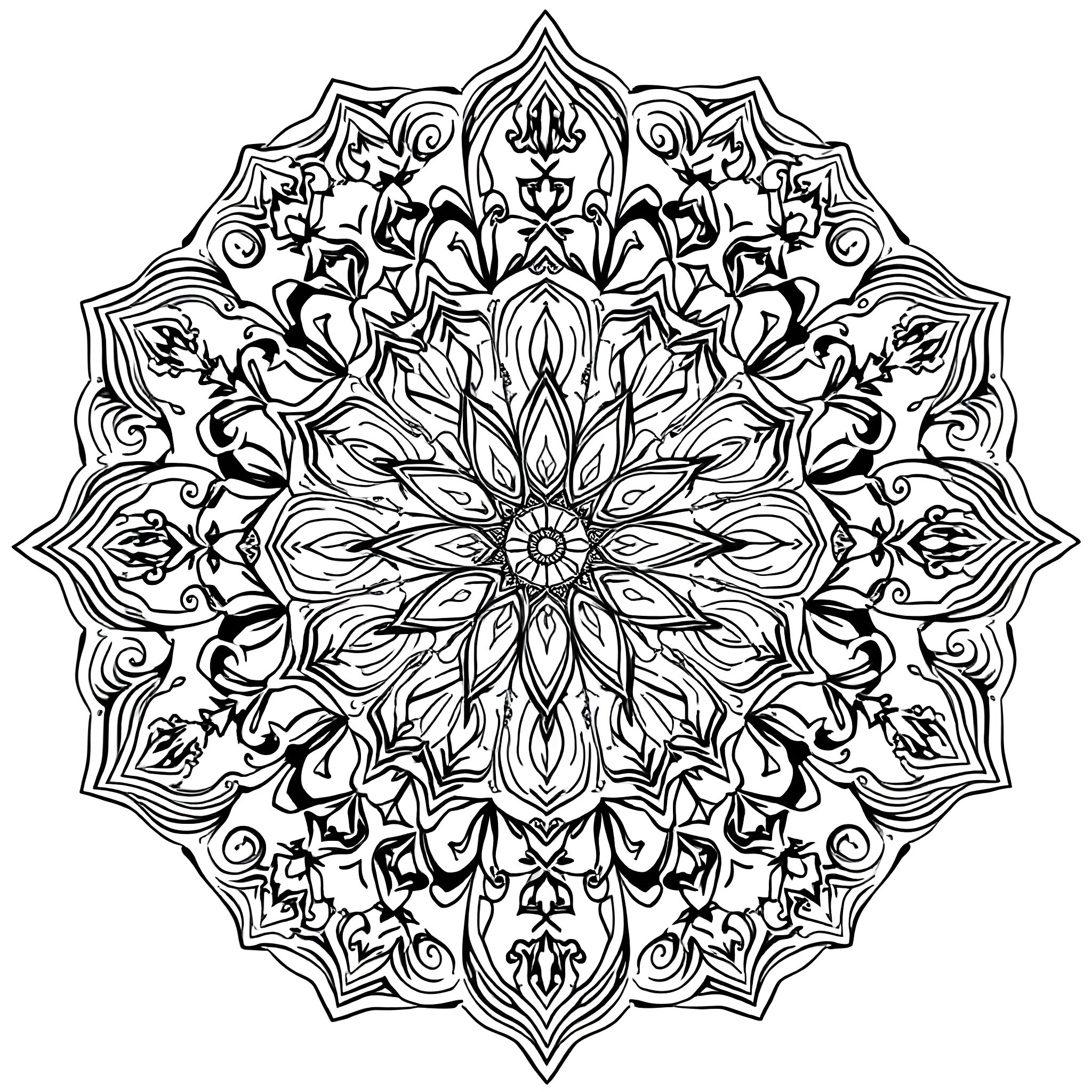 Mandala with intricate floral patterns and ornate design Coloring Page (free black-and-white line drawing printable PDF for all, from beginners to advanced learners, including children, teens, adults, and seniors)