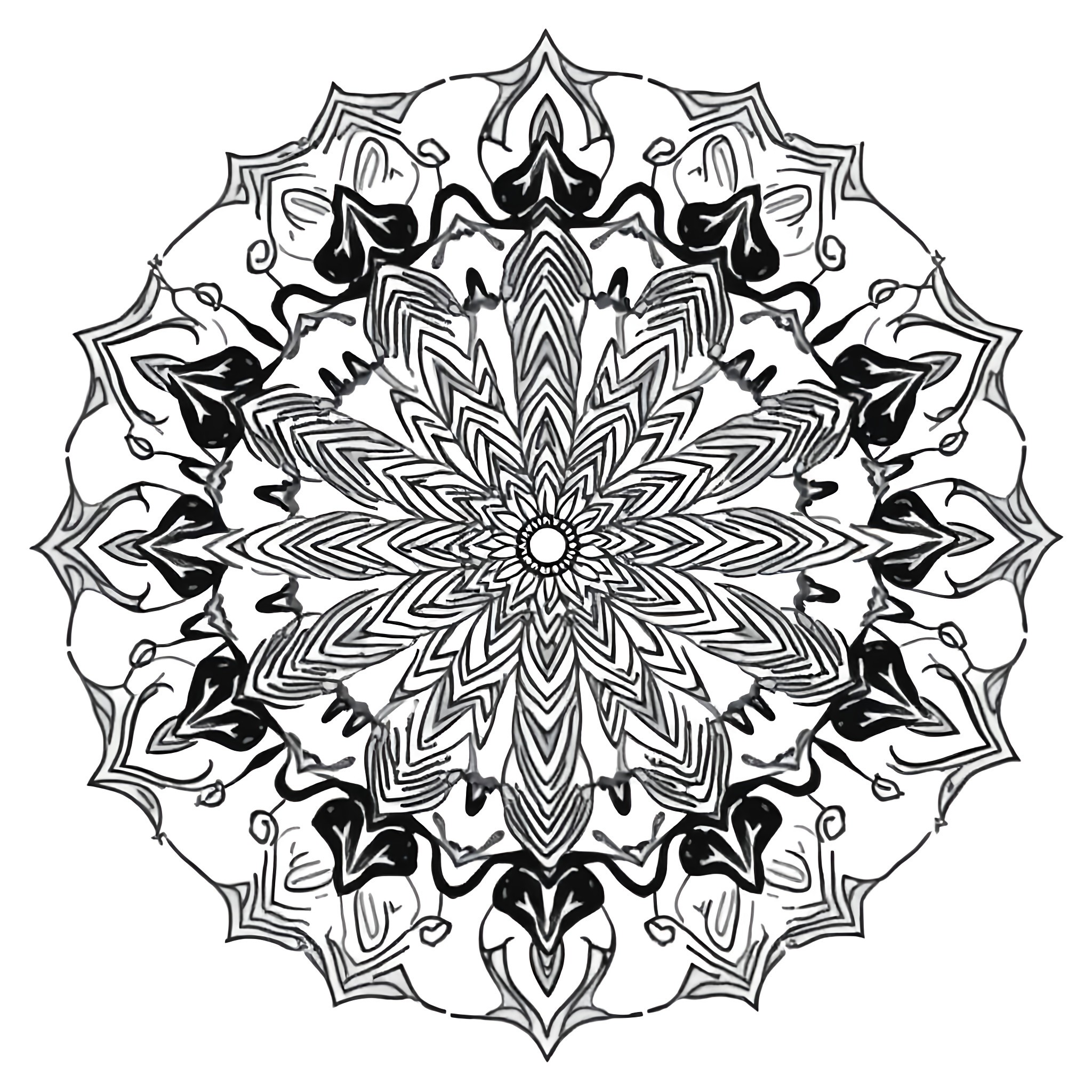 Mandala of intricate floral and geometric patterns Coloring Page (free black-and-white line drawing printable PDF for all, from beginners to advanced learners, including children, teens, adults, and seniors)