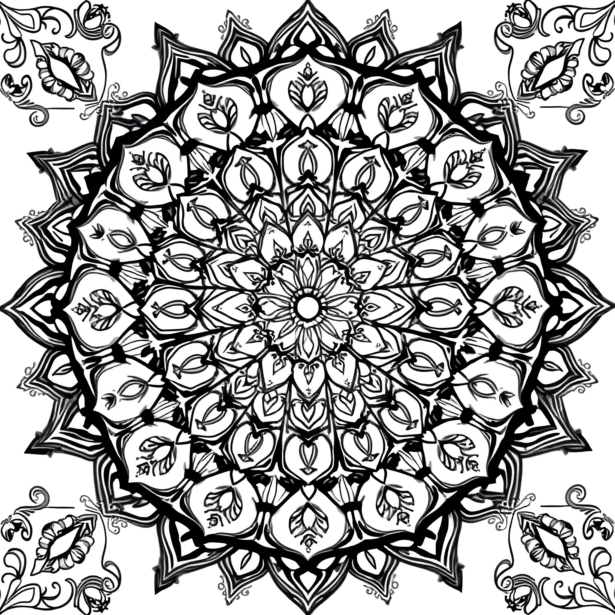 Mandala with intricate floral design Coloring Page (free black-and-white line drawing printable PDF for all, from beginners to advanced learners, including children, teens, adults, and seniors)