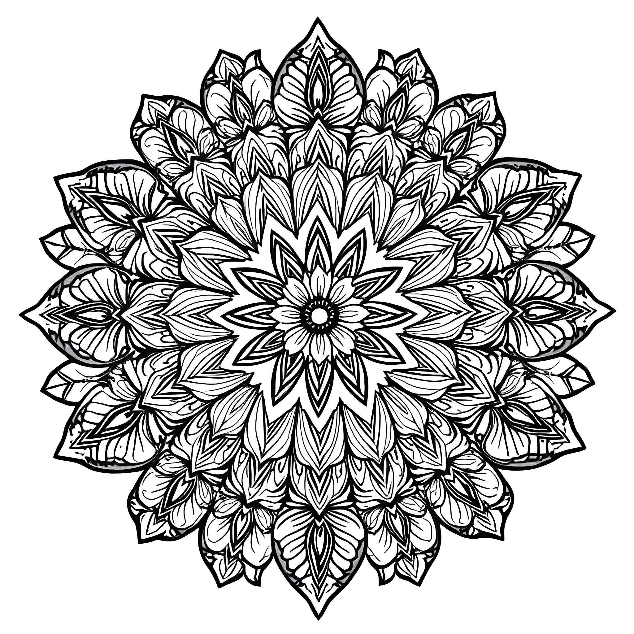 Flower Mandala with Intricate Floral Patterns Coloring Page (free black-and-white line drawing printable PDF for all, from beginners to advanced learners, including children, teens, adults, and seniors)