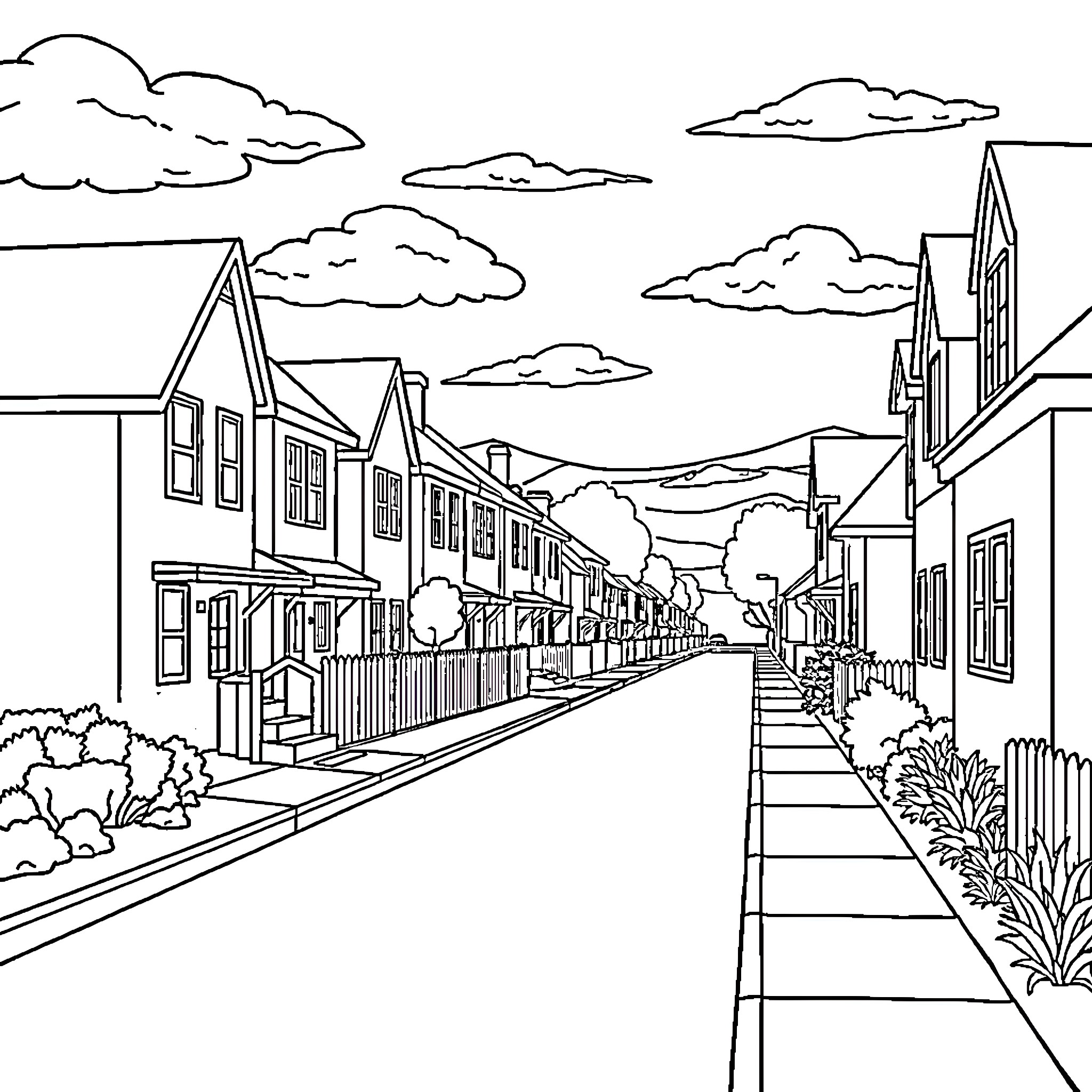 House lined up on a scenic street Coloring Page (free black-and-white line drawing printable PDF for all, from beginners to advanced learners, including children, teens, adults, and seniors)