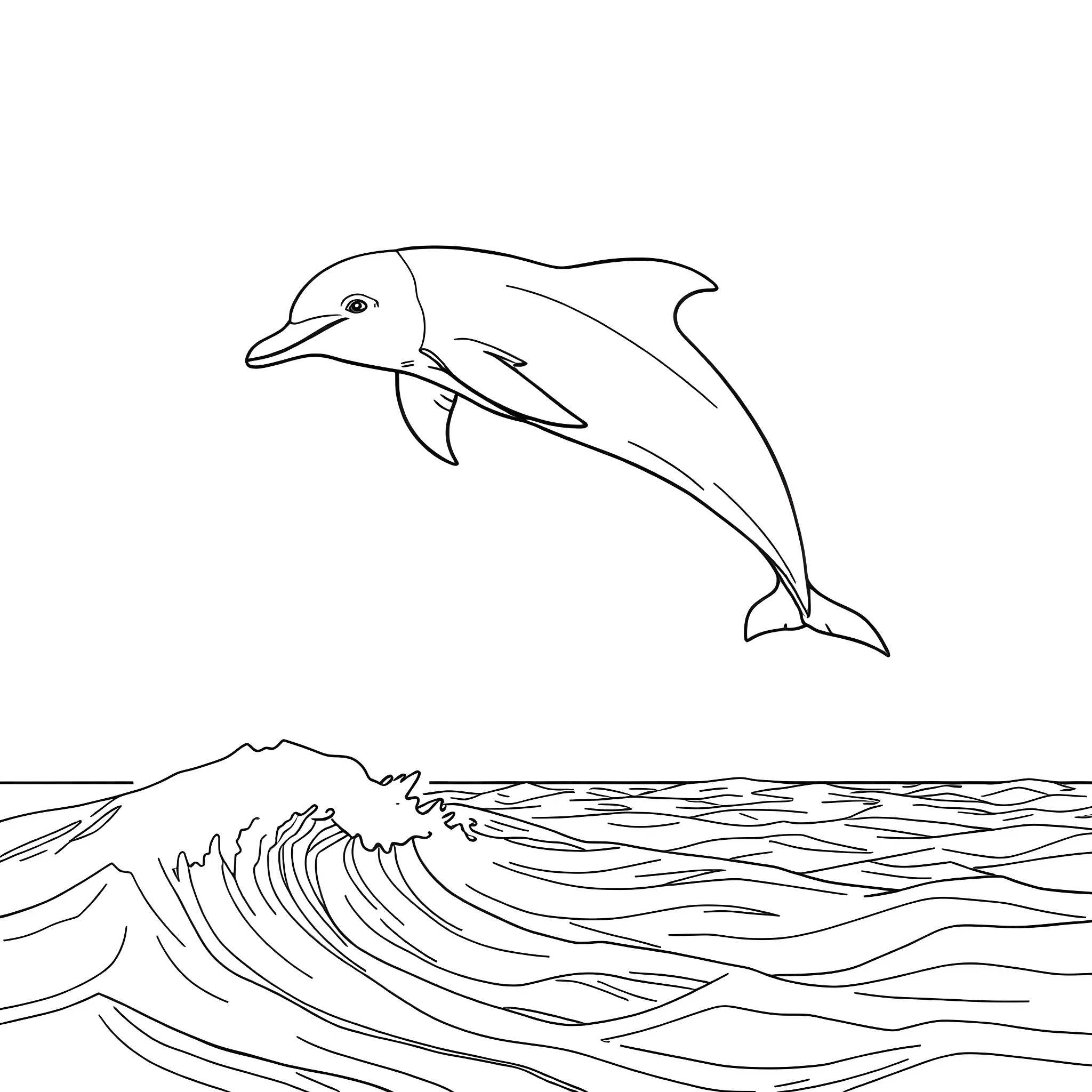 Dolphin jumping above the ocean waves Coloring Page (free black-and-white line drawing printable PDF for all, from beginners to advanced learners, including children, teens, adults, and seniors)