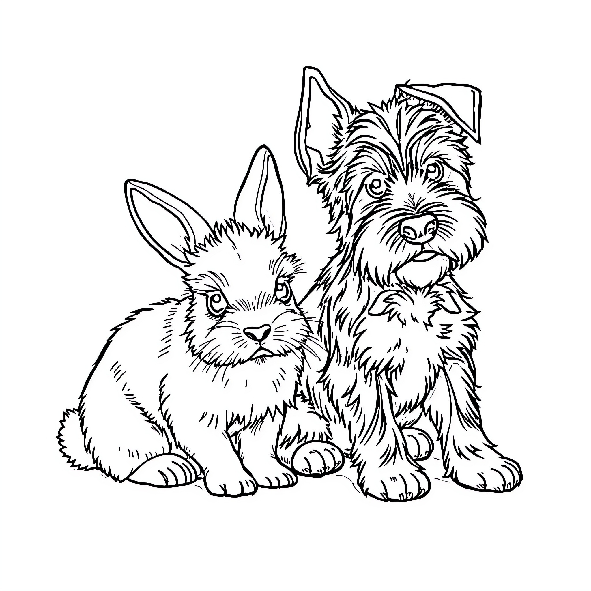 Bunny and Puppy Companions Coloring Page (free black-and-white line drawing printable PDF for all, from beginners to advanced learners, including children, teens, adults, and seniors)