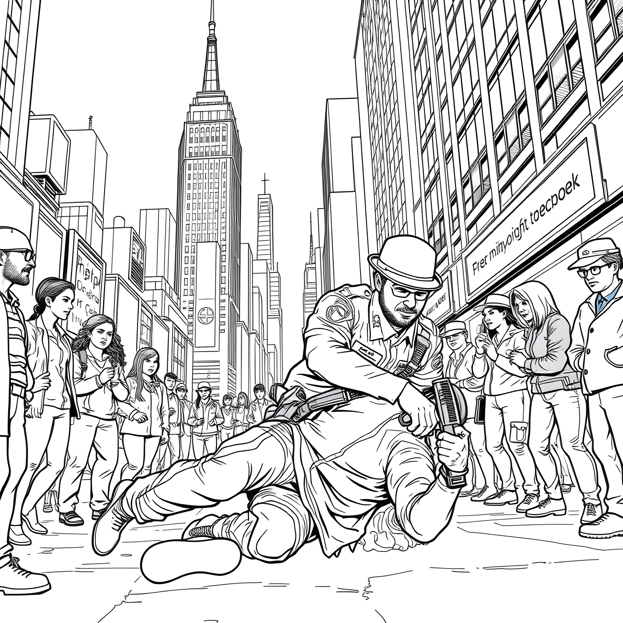 Cop Assisting Injured Individual Amid Crowd in City Coloring Page (free black-and-white line drawing printable PDF for all, from beginners to advanced learners, including children, teens, adults, and seniors)