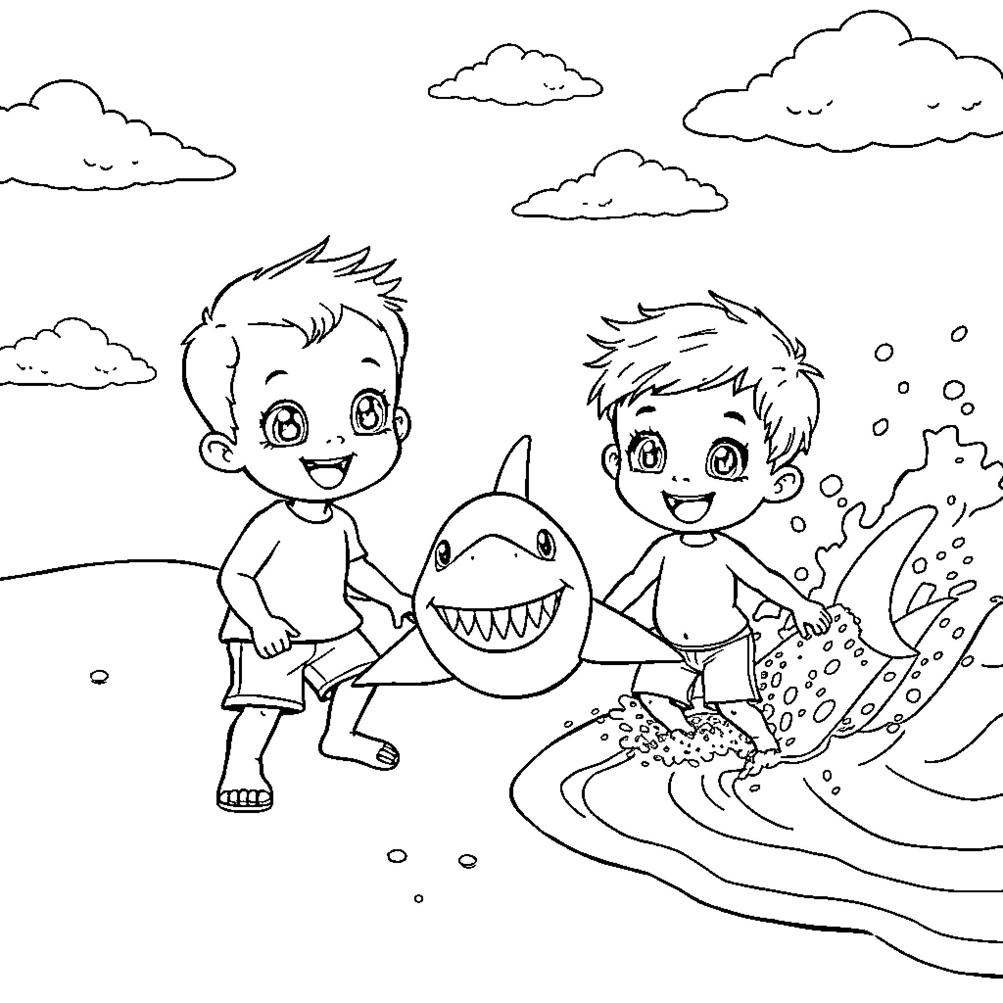 Boys playing joyfully with friendly shark in the ocean Coloring Page (free black-and-white line drawing printable PDF for all, from beginners to advanced learners, including children, teens, adults, and seniors)