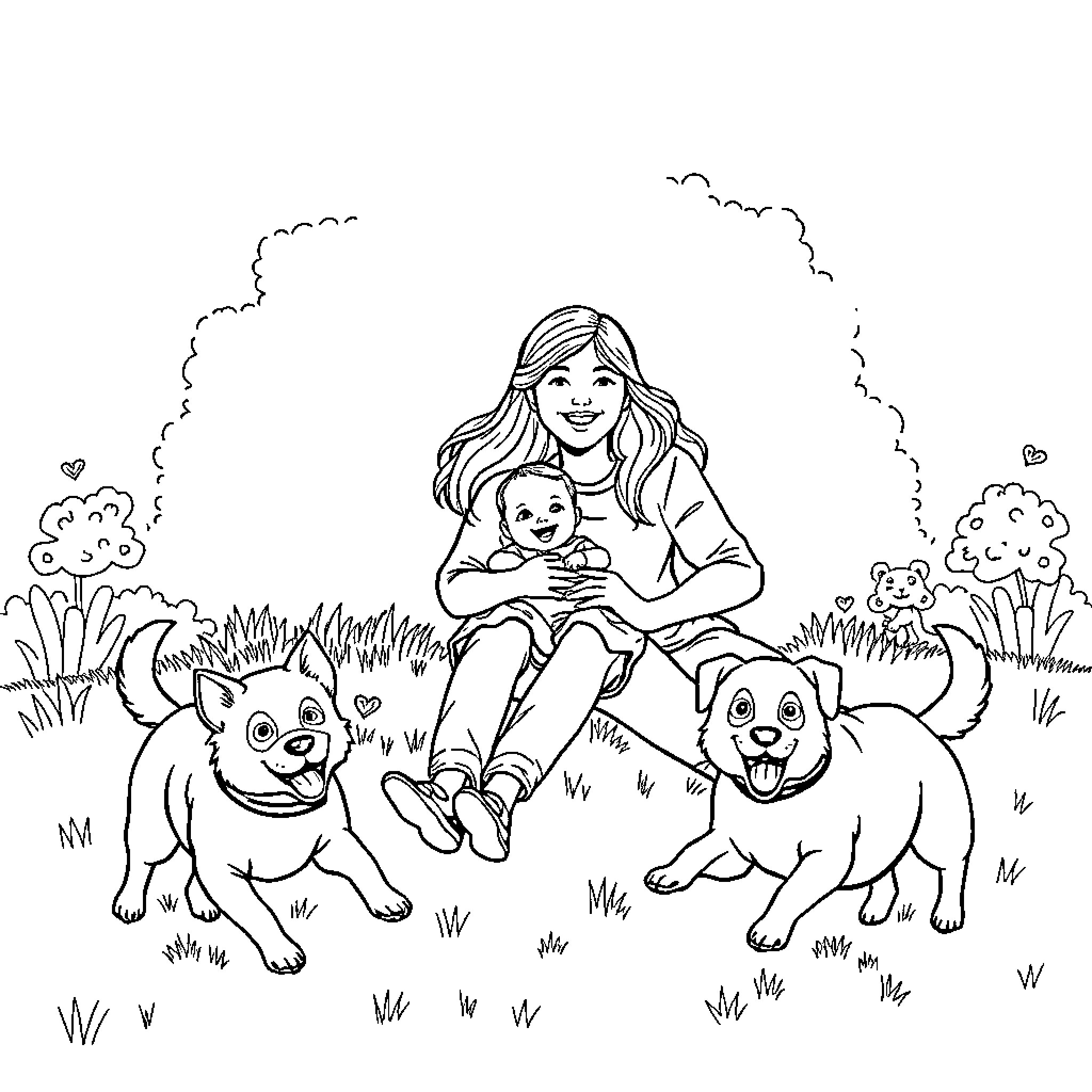 Family playing with pets in the park Coloring Page (free black-and-white line drawing printable PDF for all, from beginners to advanced learners, including children, teens, adults, and seniors)