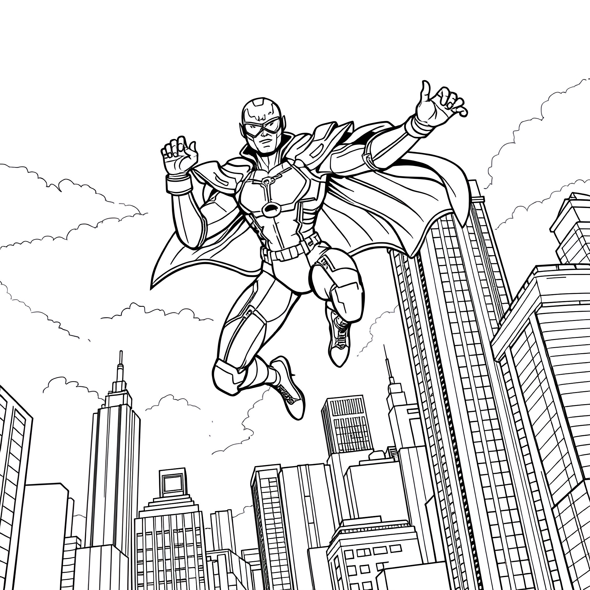 Iron Man soaring over the city skyline Coloring Page (free black-and-white line drawing printable PDF for all, from beginners to advanced learners, including children, teens, adults, and seniors)