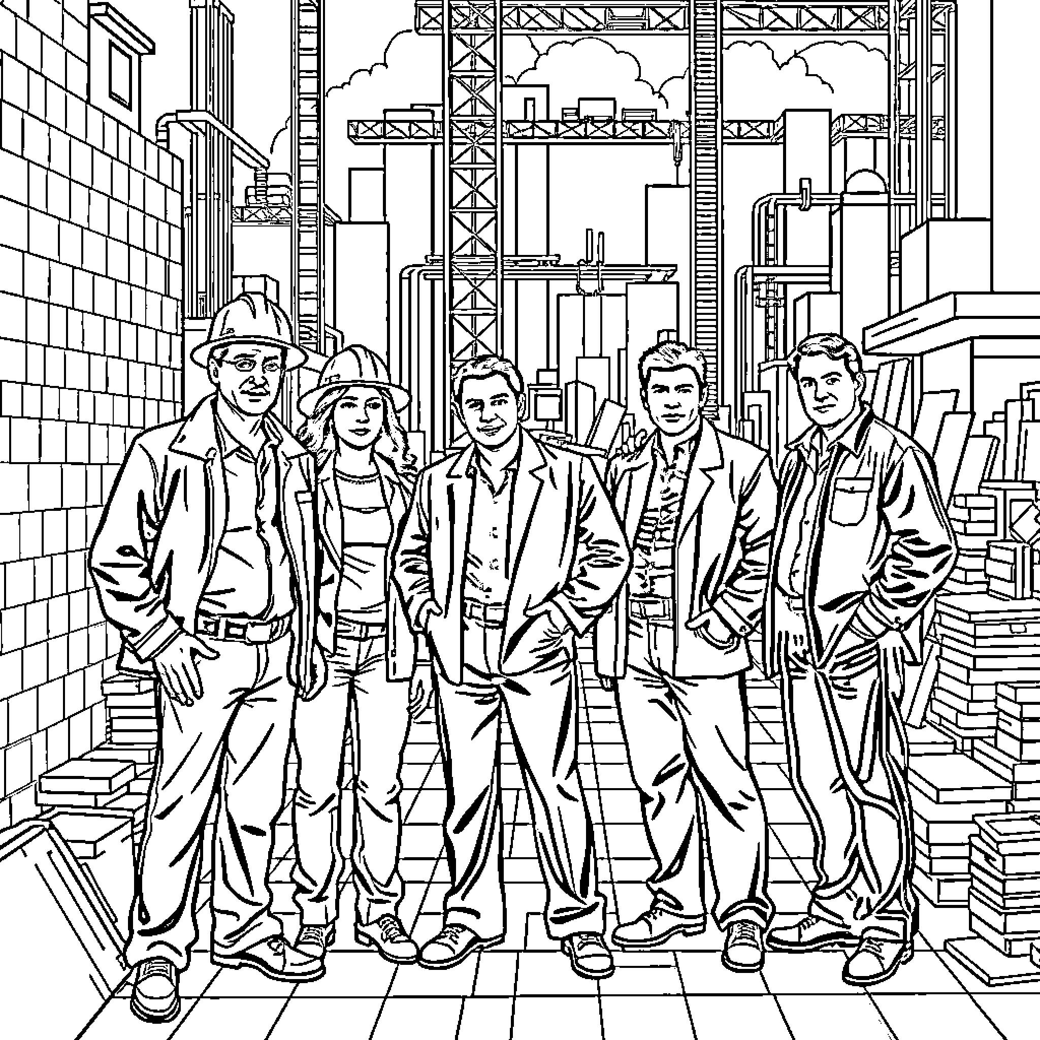 Sopranos' Outfit and Pose in the City Skyline Coloring Page (free black-and-white line drawing printable PDF for all, from beginners to advanced learners, including children, teens, adults, and seniors)