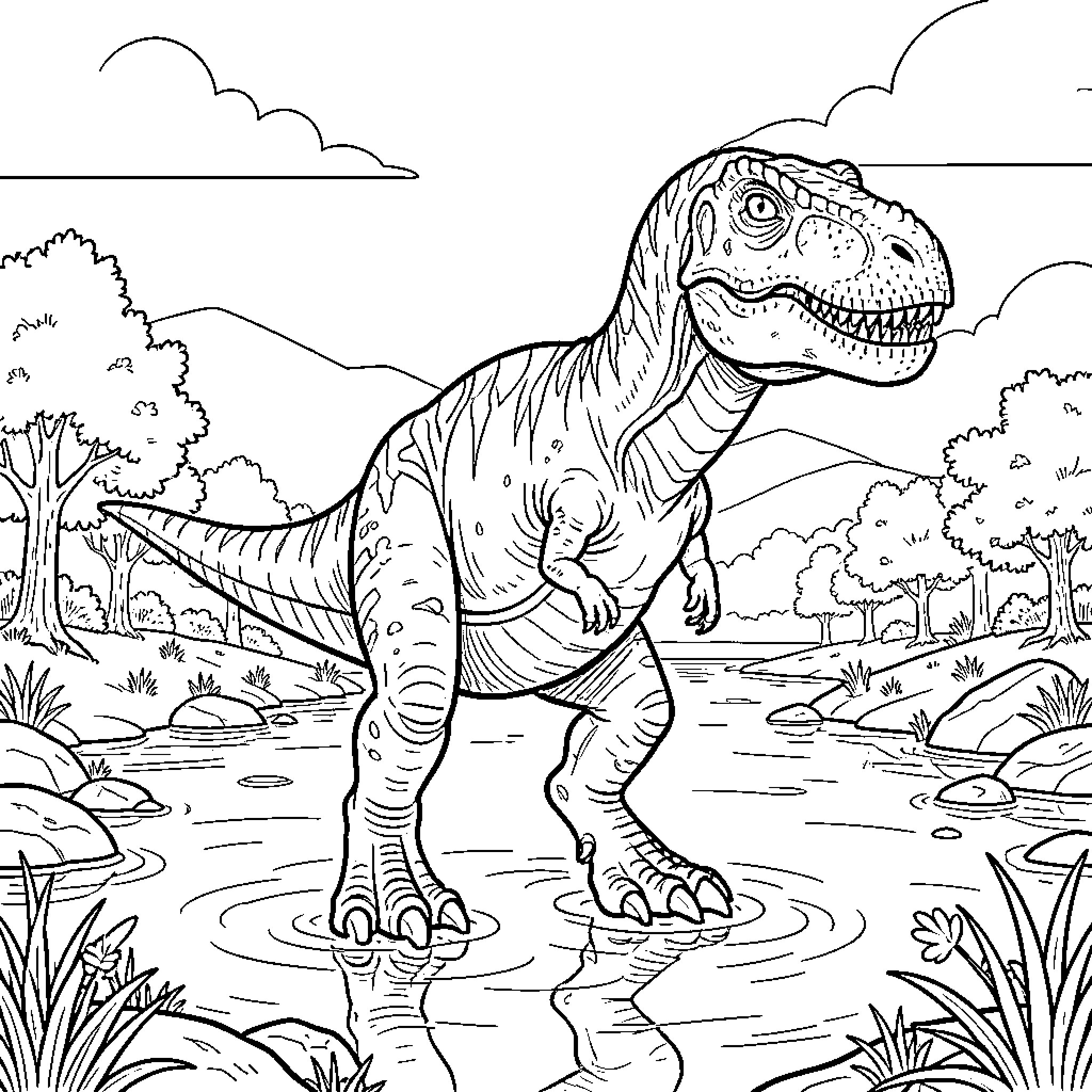 Spinosaurus walking through a shallow river landscape Coloring Page (free black-and-white line drawing printable PDF for all, from beginners to advanced learners, including children, teens, adults, and seniors)
