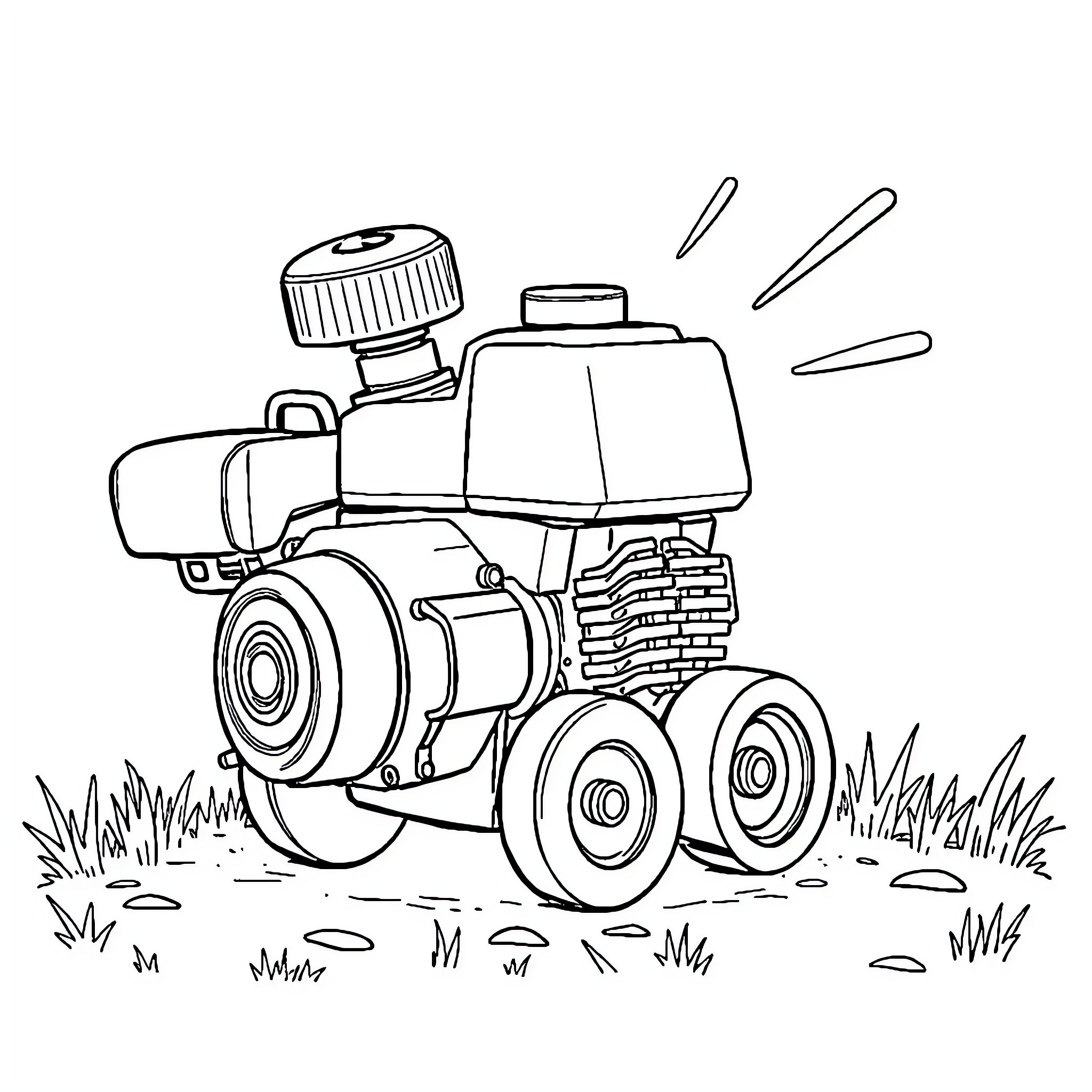 Brr Brr Patapin Lawn Mower on the Move Coloring Page (free black-and-white line drawing printable PDF for all, from beginners to advanced learners, including children, teens, adults, and seniors)