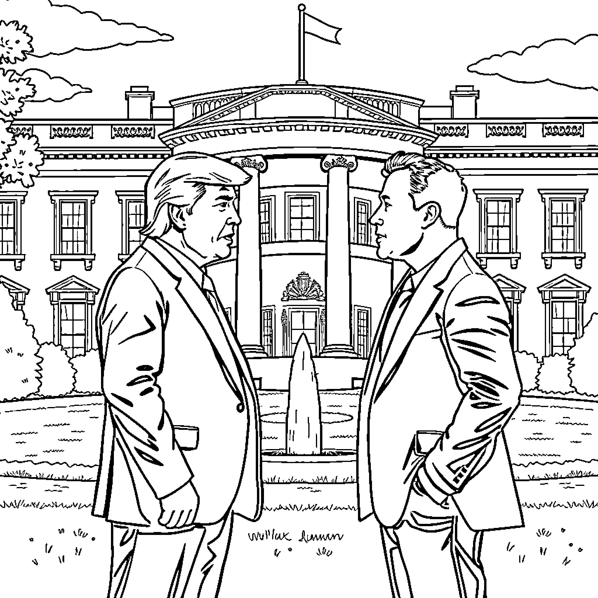 Trump and another man in formal attire outside the White House Coloring Page (free black-and-white line drawing printable PDF for all, from beginners to advanced learners, including children, teens, adults, and seniors)