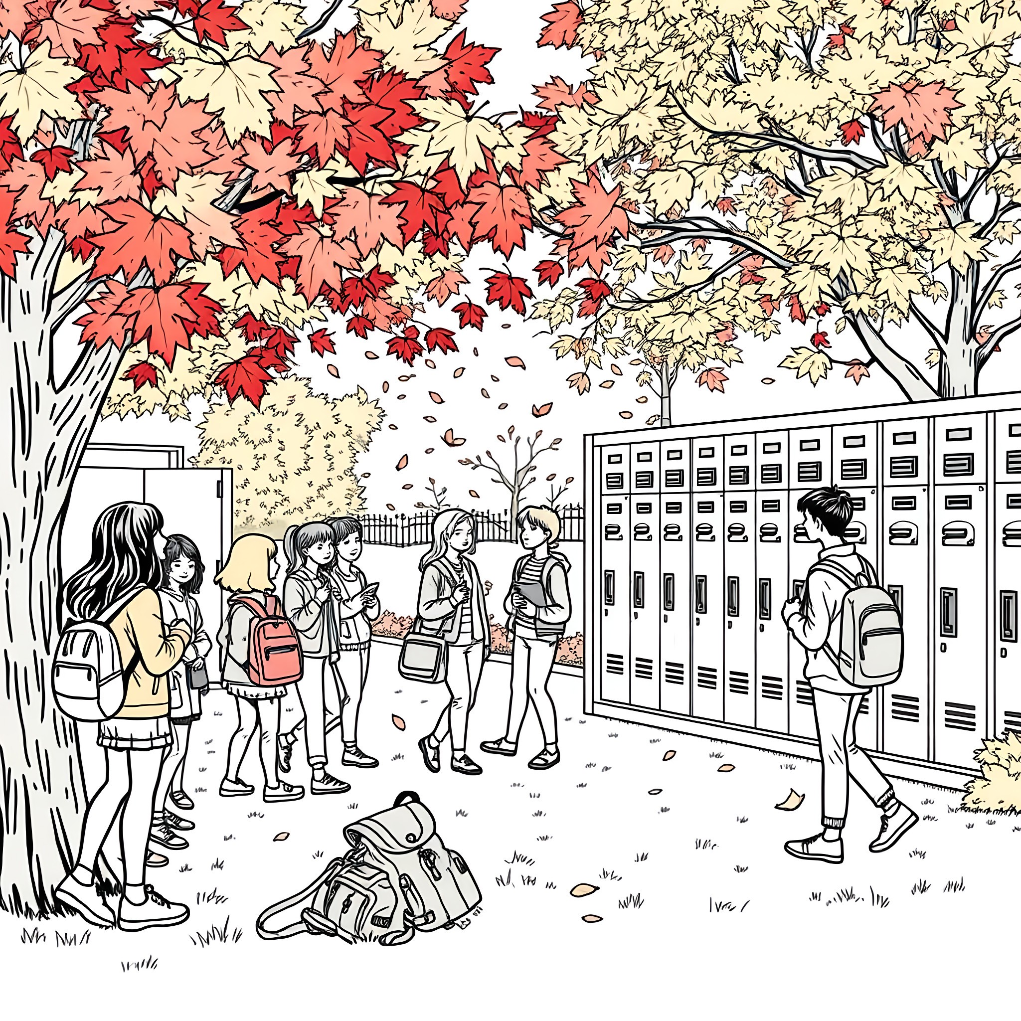 High School Fall Scene with Students Coloring Page (free black-and-white line drawing printable PDF for all, from beginners to advanced learners, including children, teens, adults, and seniors)