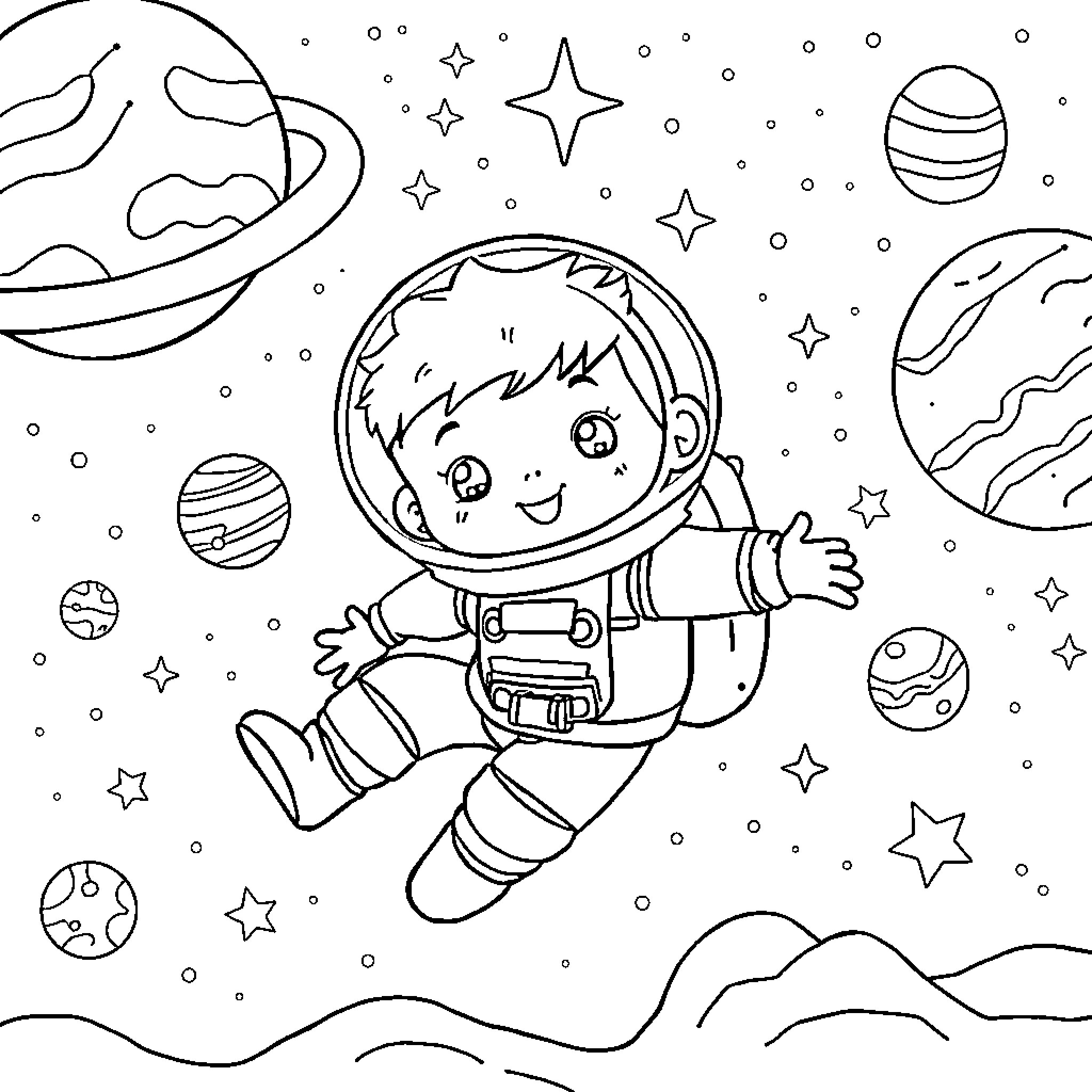 Boy floating in space amidst planets and stars Coloring Page (free black-and-white line drawing printable PDF for all, from beginners to advanced learners, including children, teens, adults, and seniors)