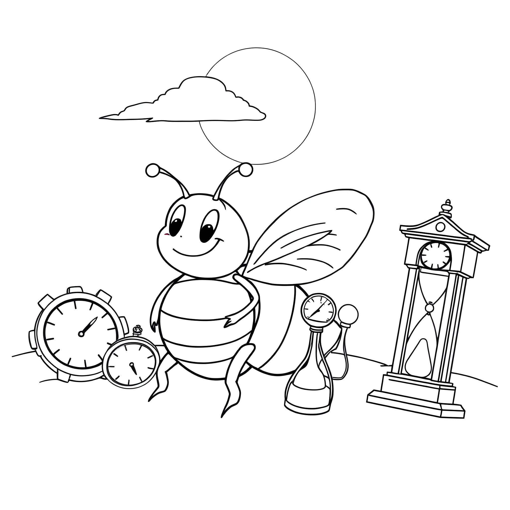 Bee exploring time-keeping devices in the sky Coloring Page (free black-and-white line drawing printable PDF for all, from beginners to advanced learners, including children, teens, adults, and seniors)