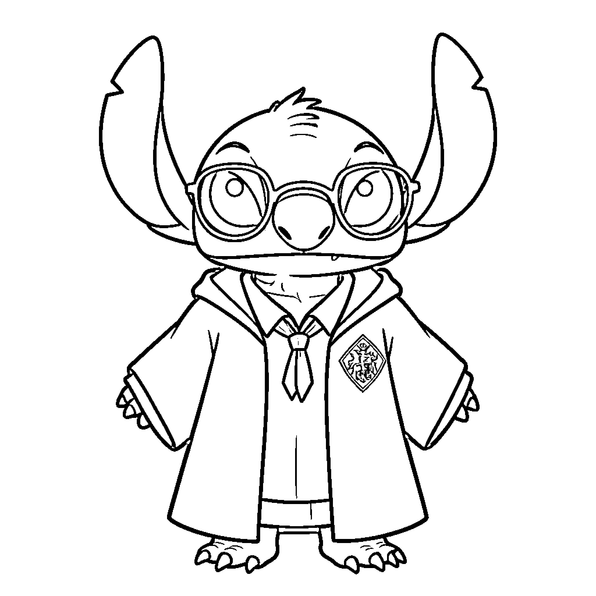 Stitch dressed as a student in a formal outfit Coloring Page (free black-and-white line drawing printable PDF for all, from beginners to advanced learners, including children, teens, adults, and seniors)