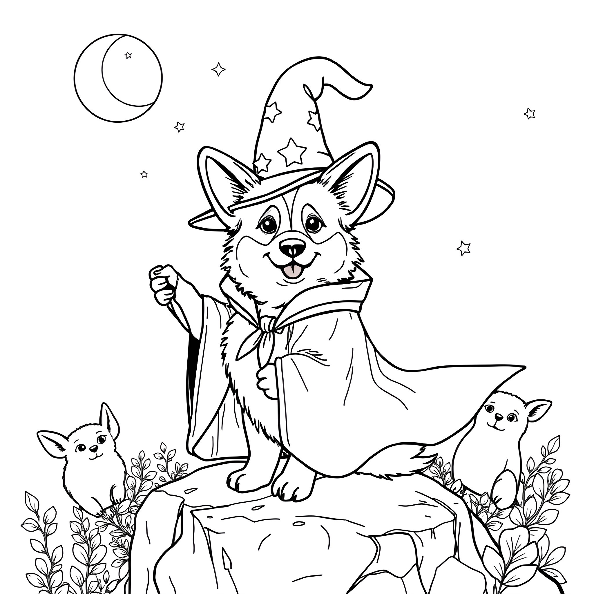 Corgi Wizard Conjuring Magical Spell with Corgi Companions Coloring Page (free black-and-white line drawing printable PDF for all, from beginners to advanced learners, including children, teens, adults, and seniors)