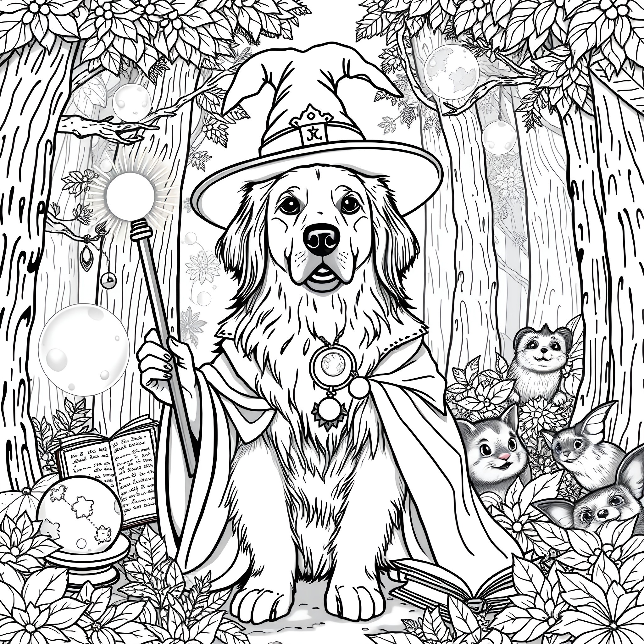 Golden Retriever Playing Wizard in Enchanted Forest Coloring Page (free black-and-white line drawing printable PDF for all, from beginners to advanced learners, including children, teens, adults, and seniors)