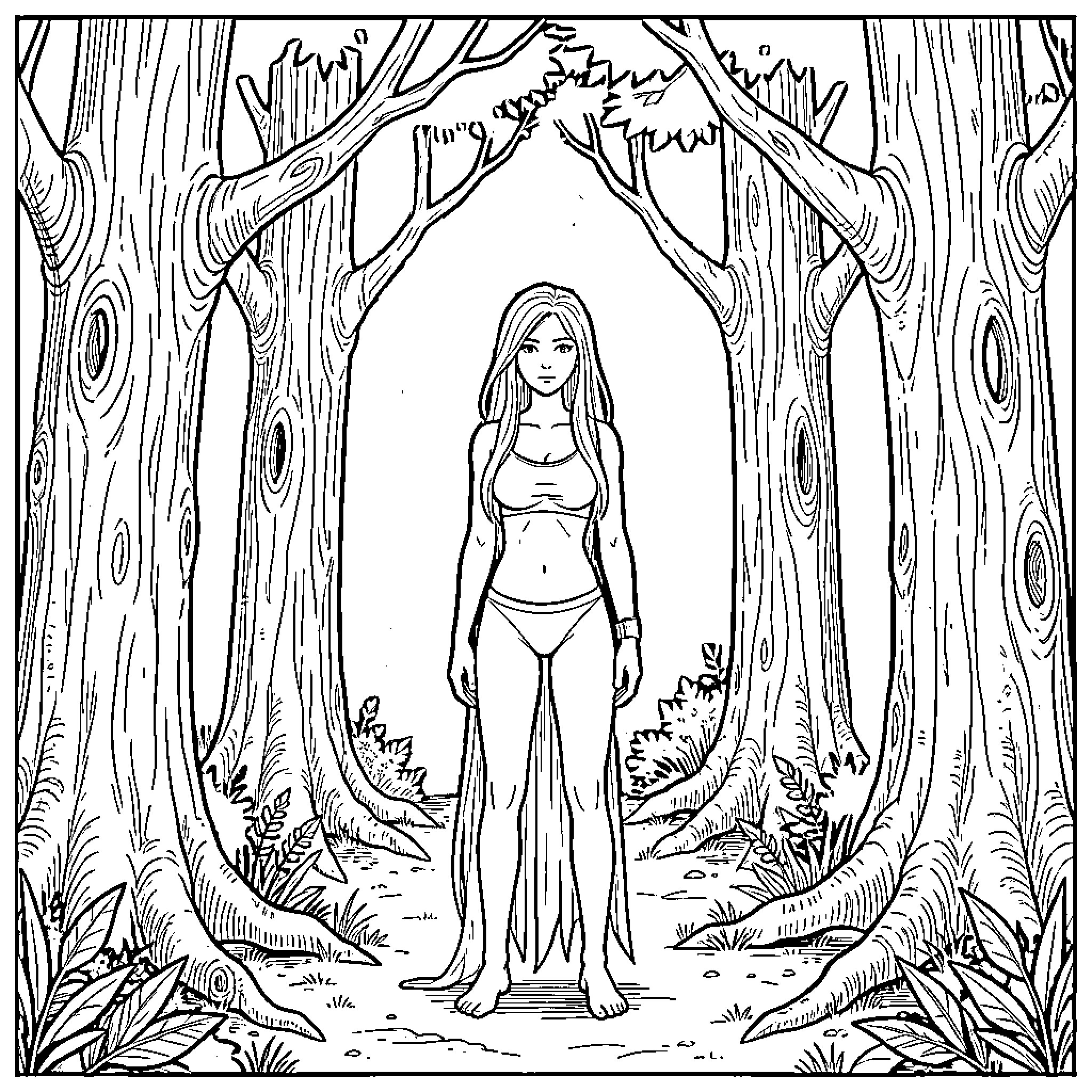 Cyclops woman standing peacefully among tall forest trees Coloring Page (free black-and-white line drawing printable PDF for all, from beginners to advanced learners, including children, teens, adults, and seniors)