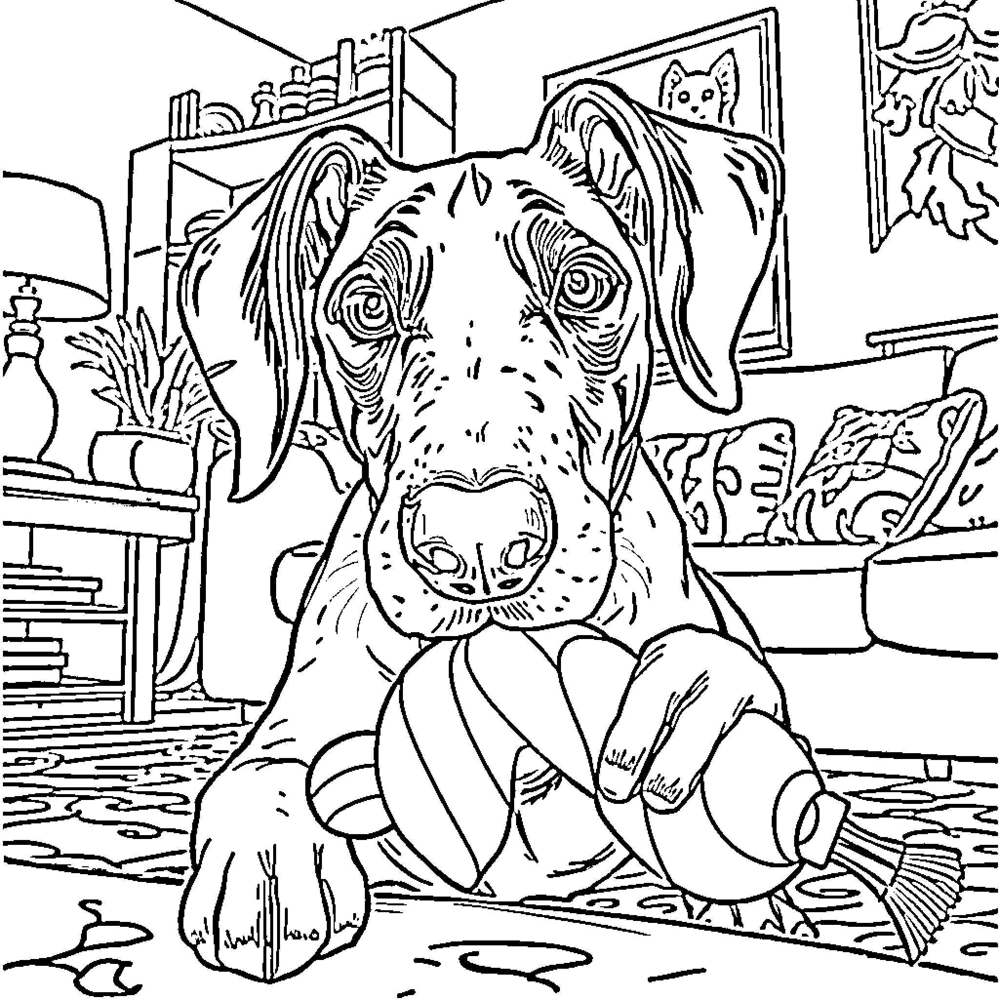 Vizsla dog relaxing in cozy indoor setting Coloring Page (free black-and-white line drawing printable PDF for all, from beginners to advanced learners, including children, teens, adults, and seniors)