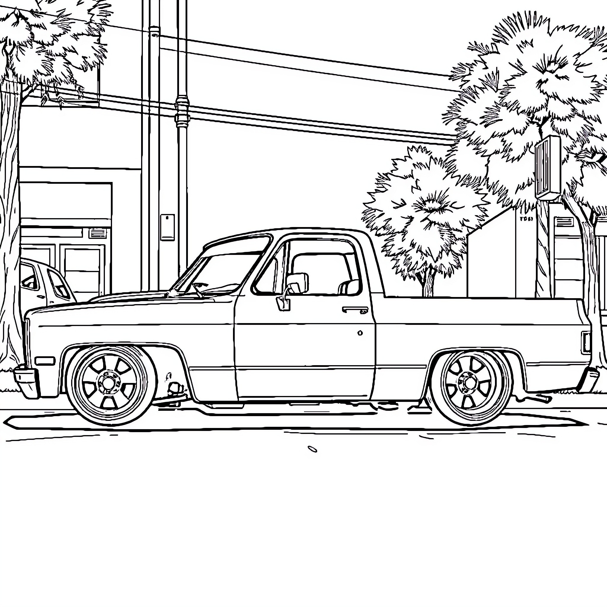 Truck with customized wheels on urban street Coloring Page (free black-and-white line drawing printable PDF for all, from beginners to advanced learners, including children, teens, adults, and seniors)
